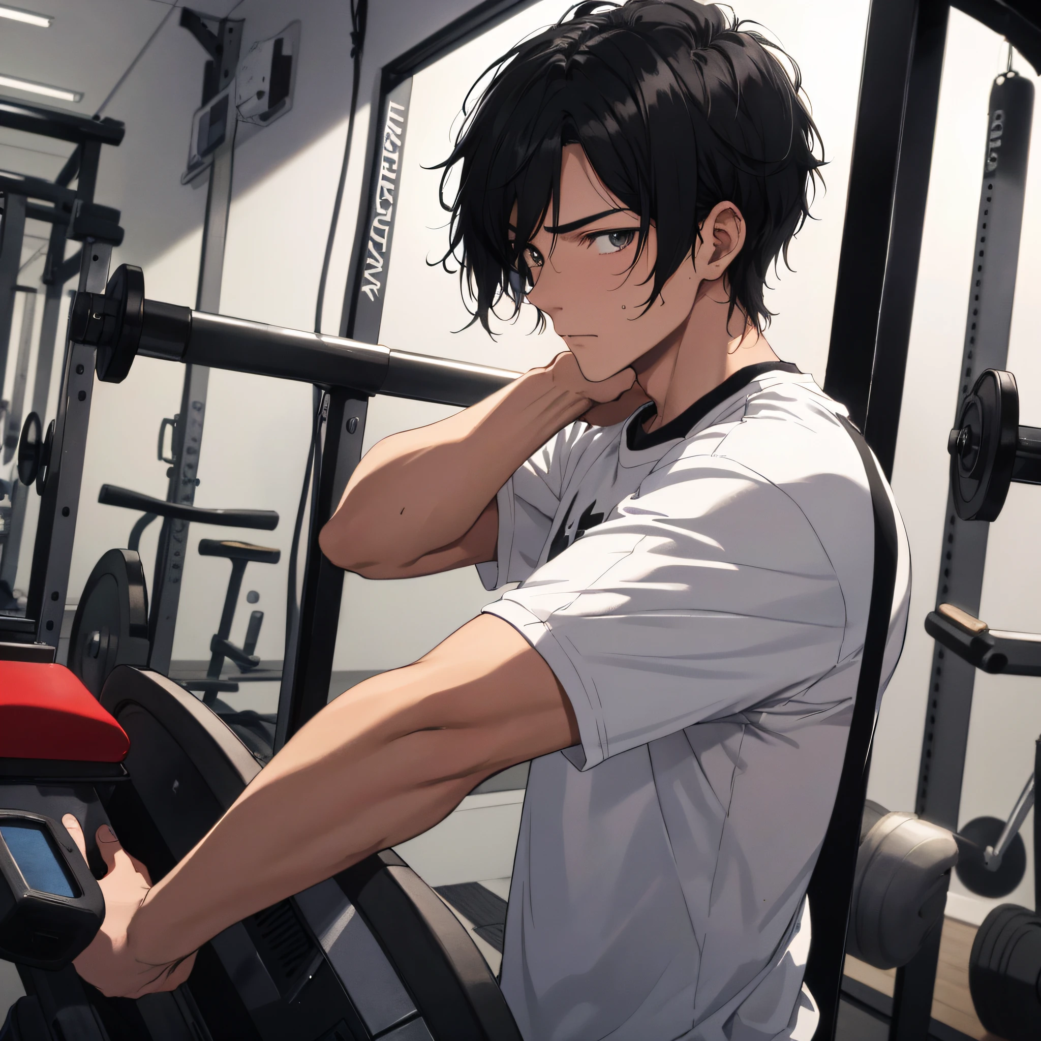 A young man with short black hair in white about twenty years old working out in the gym, (expression tired 1.5) (sweat 1.3) (background is gym 1.5) great works: 1.3), (best quality: 1.1) (masterpieces: 1.3) with unparalleled masterpieces, surreal 8K, perfect artwork, super details, best quality, masterpieces 4K wallpaper aesthetics, masterpieces, award-winning artwork, official art, cinematic lighting