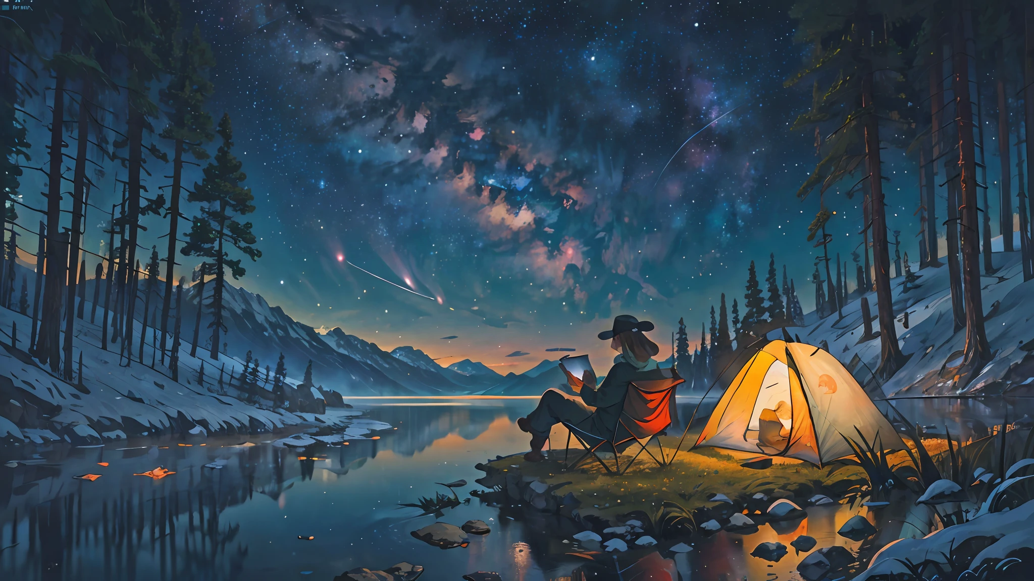 masterpiece, best quality, super detailed, illustration, 1 girl, short girl, (young girl), beautiful, solo, looking far away, outdoors, camping, night, mountain, nature, stars, moon, tent, double ponytail, green eyes, cheerful, happy, backpack, sleeping bag, camping stove, water bottle, mountain boots, gloves, sweater, hat, flashlight, forest, rocks, river, wood, smoke, shadow, contrast, clear sky, constellation, milky way, peace, tranquility, quiet, tranquil, remote,  secluded, adventure, exploration, escape, independence, survival, resourcefulness, challenge, perseverance, endurance, endurance, observation, intuition, adaptability, creativity, imagination, artistry, inspiration, beauty, awe, miracle, gratitude, appreciation, relaxation, enjoyment, rejuvenation, mindfulness, awareness, connection, harmony, balance, texture, detail, realism, depth, perspective, composition, color, light, shadow, reflection, refraction, hue, contrast, foreground, middle ground,  background, naturalism, figuration, representation, impressionism, expressionism, abstraction, innovation, experimentation, uniqueness, depth of field, bokeh