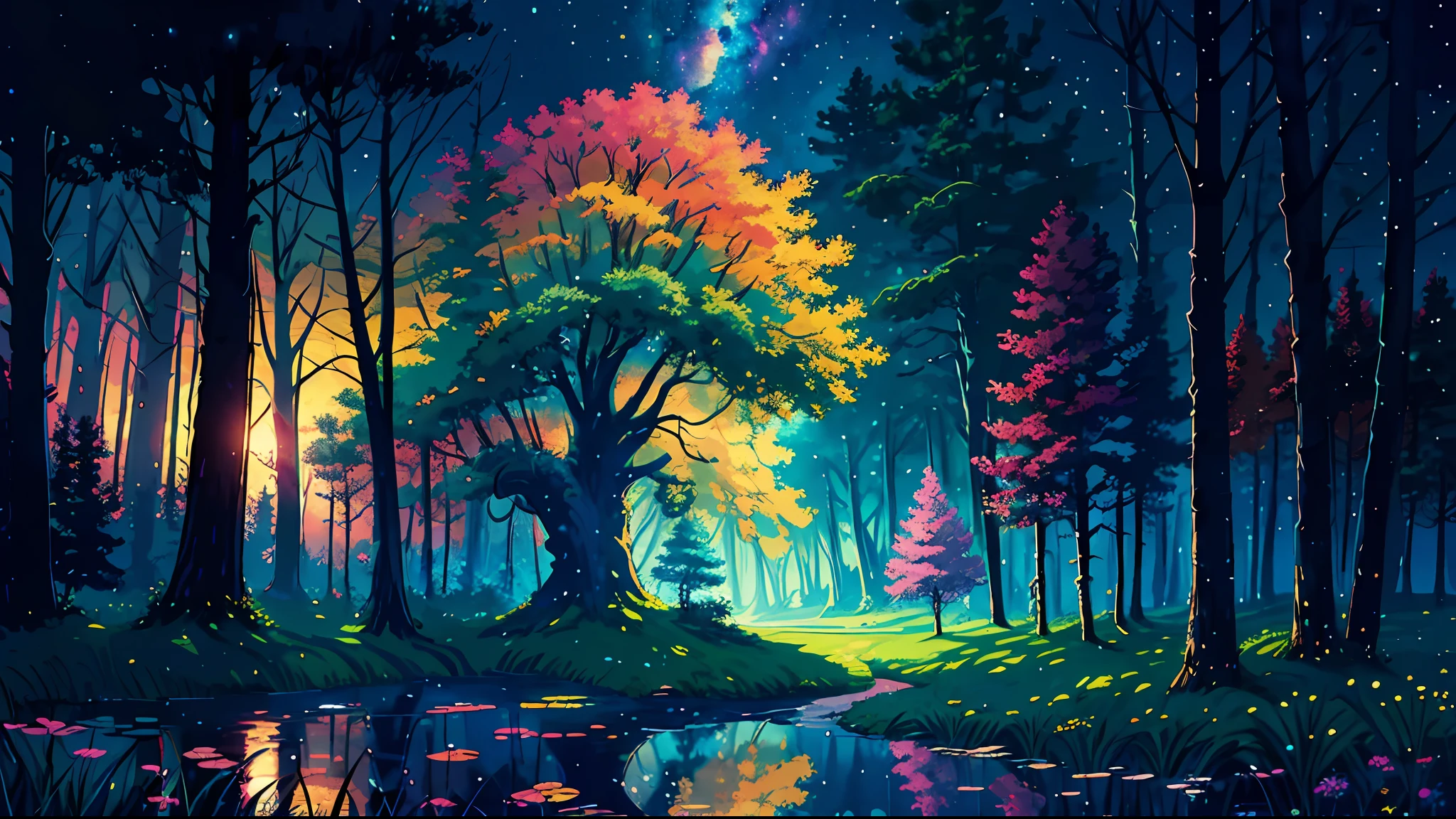 Illustration, cartoon, soothing tones, calming colors, (anime), (illustration), cartoon, detailed, masterpiece, beautiful landscape, (1 giant tree in the middle), forest, pond, path, night, nebula, starry sky, 8k, best quality, dark shot, detailed