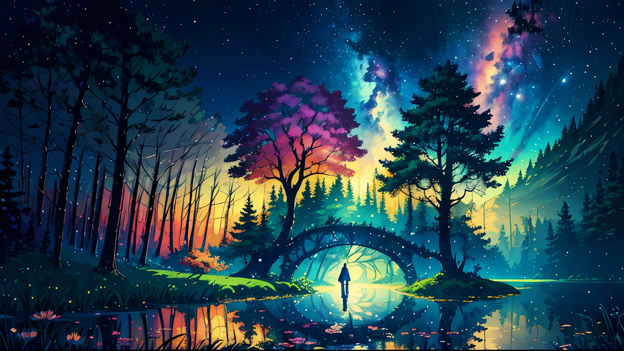 Illustration, cartoon, soothing tones, calming colors, (anime), (illustration), cartoon, detailed, masterpiece, beautiful landscape, (1 giant tree in the middle), forest, pond, path, night, nebula, starry sky, 8k, best quality, dark shot, detailed