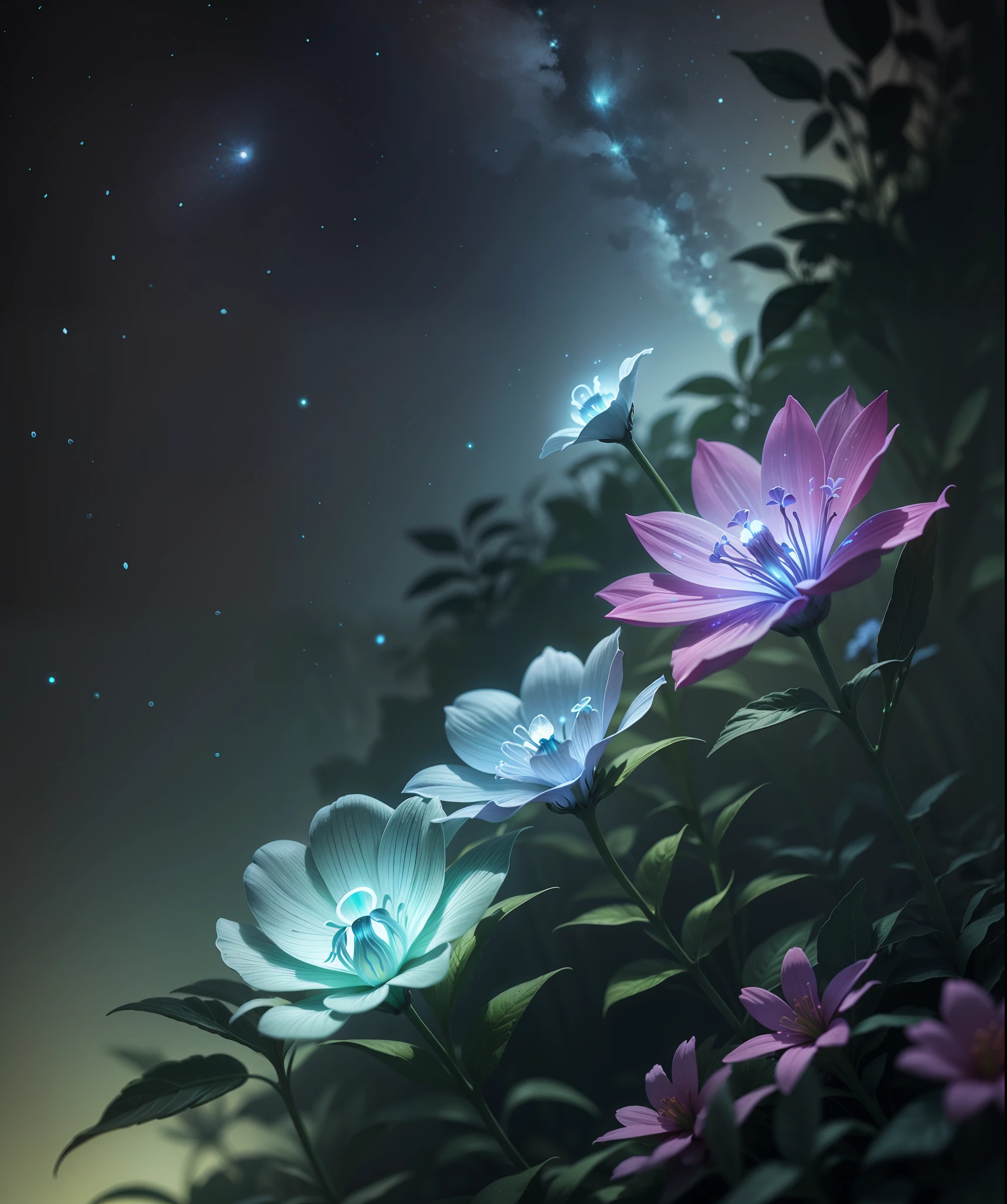 bioluminescence, flowers, night, sky