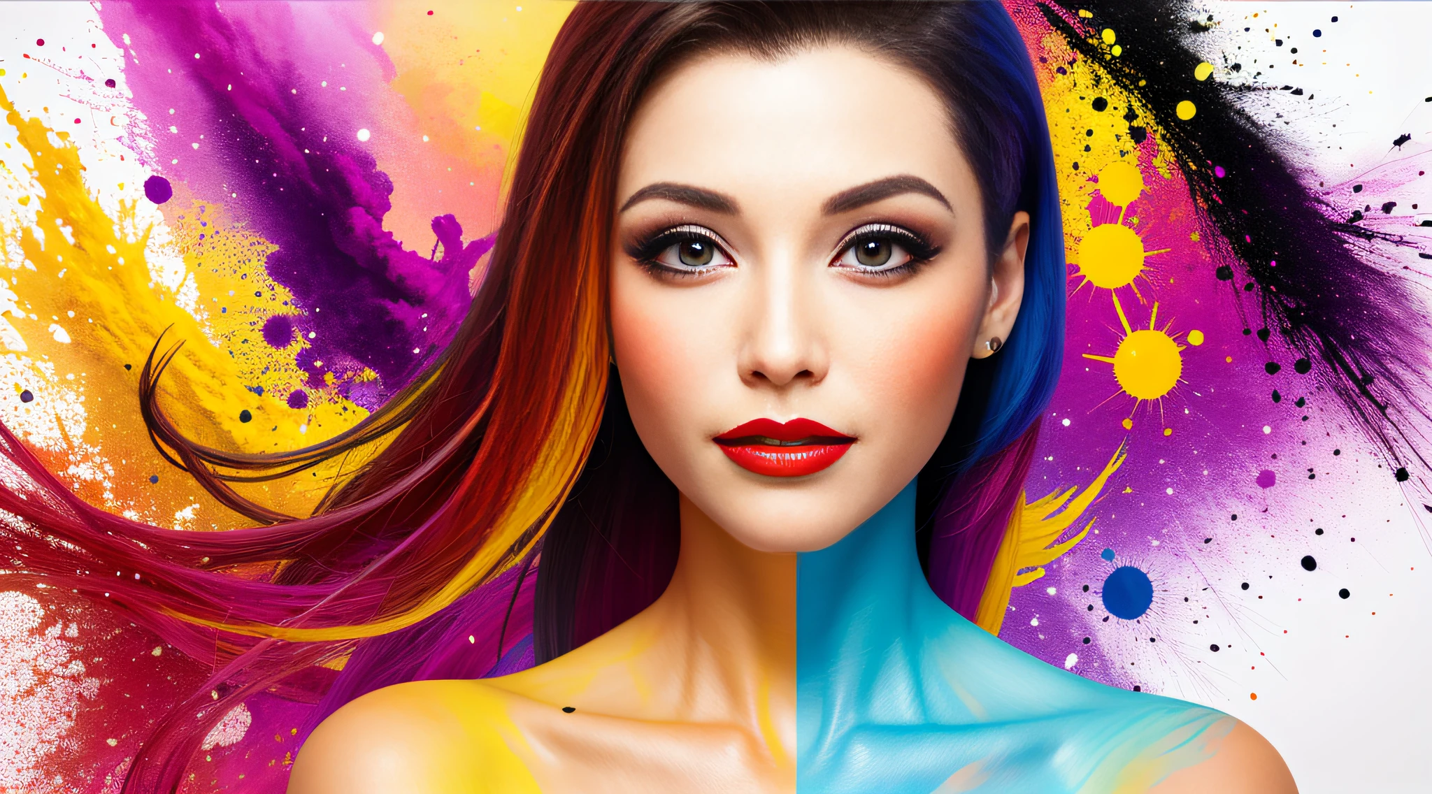Beautiful woman's face, in a multicolored explosion of ink