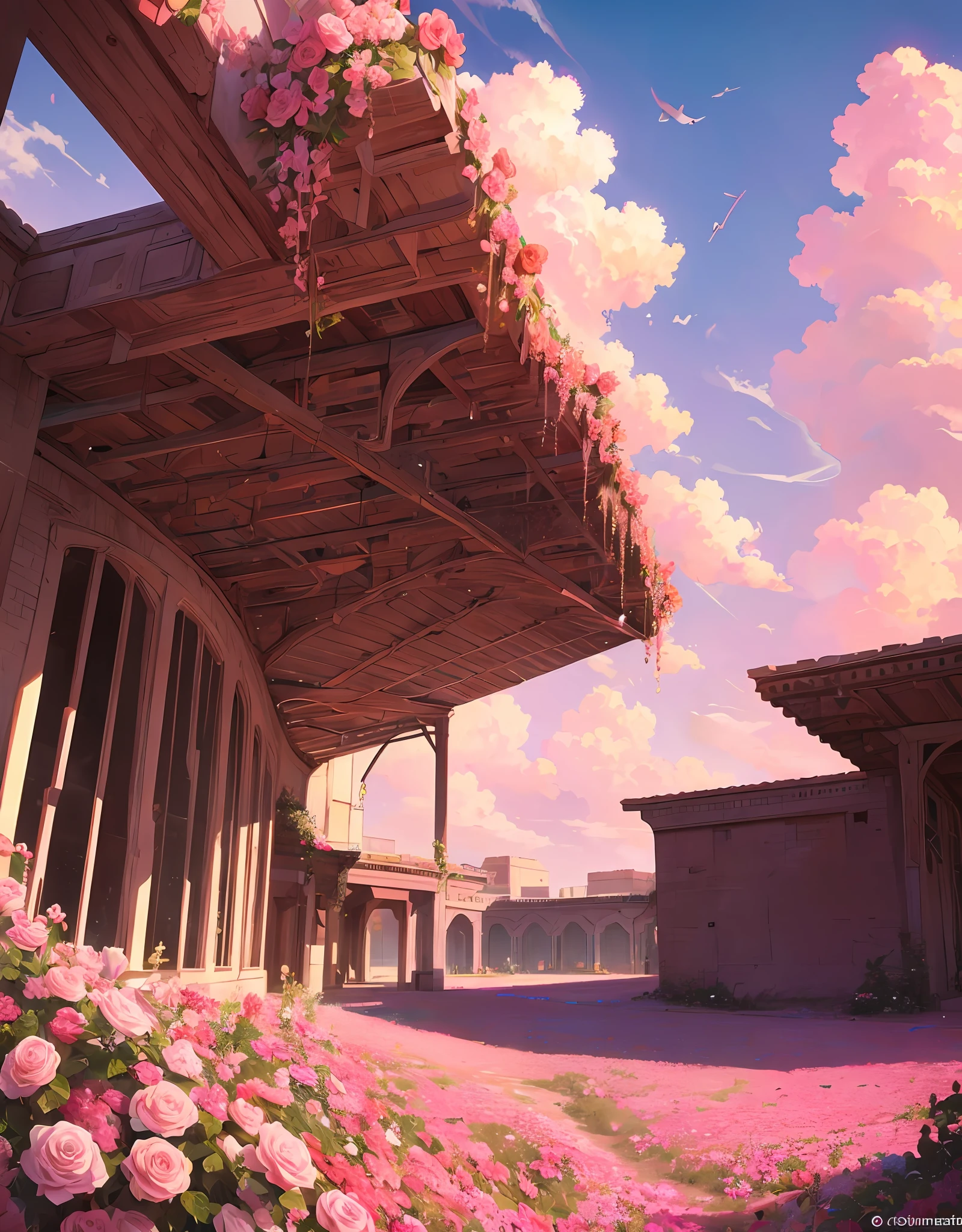 Summer, desert, pink clouds, a land overgrown with roses, James Gurney, art station rendering, ultra-wide lens, high definition