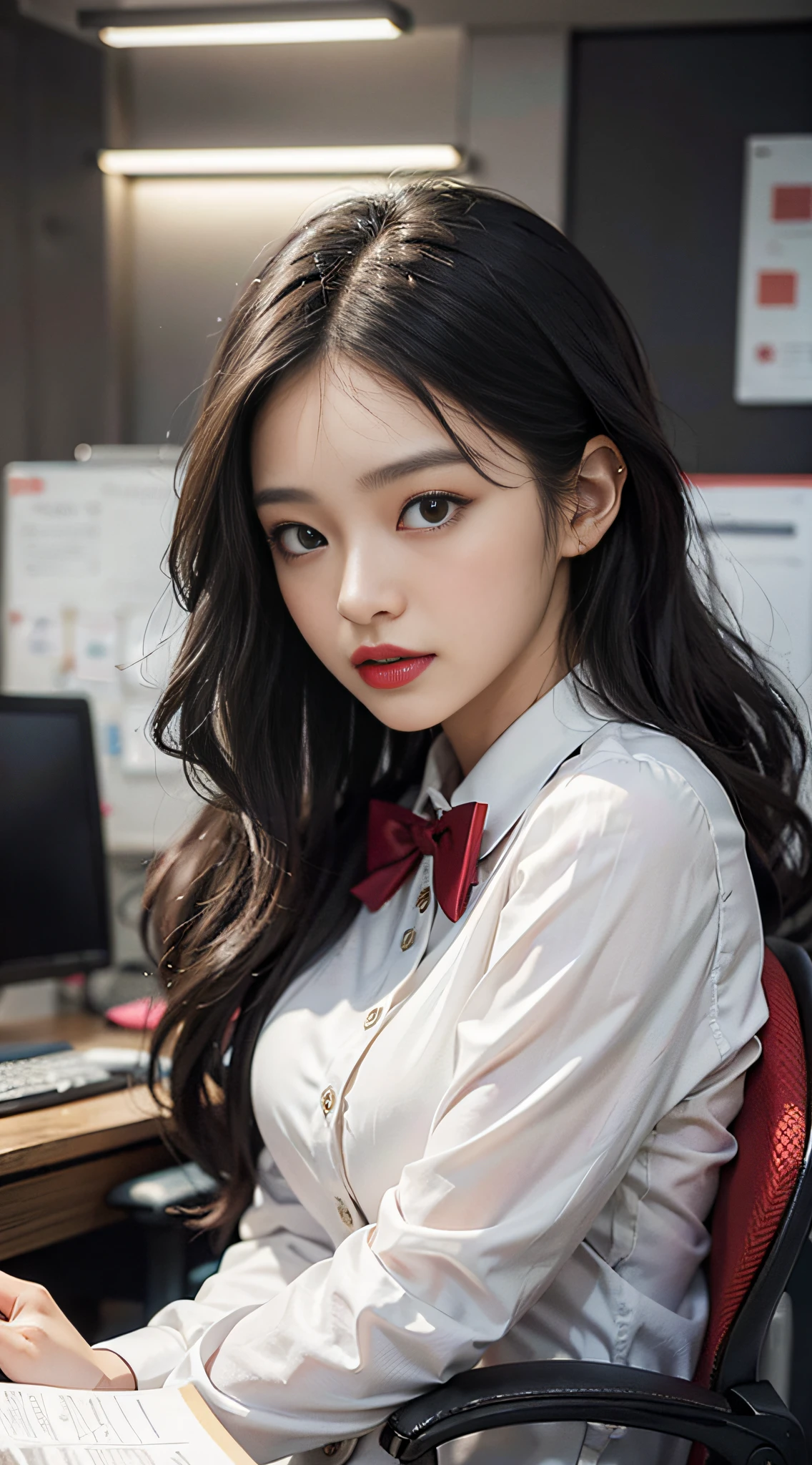 +indoor, office,best quality, ultra high res, (photorealistic:1.4), 1girl, black office suit, white shirt, (red lips), (Kpop idol), (aegyo sal:1), ((black long hair:1.2)), looking at viewer, charming, ((office suit)), sitting in an office chair,