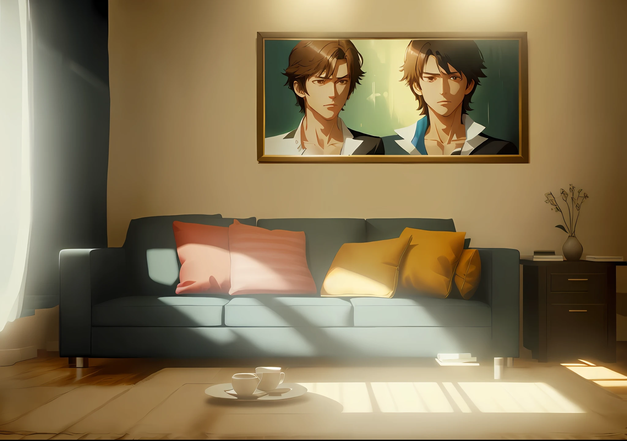The room has a sofa, hanging painting, anime, bright and soft lighting, Shinkai Makoto, digital rendering, anime scene, anime lighting, Shinkai Makoto art style,