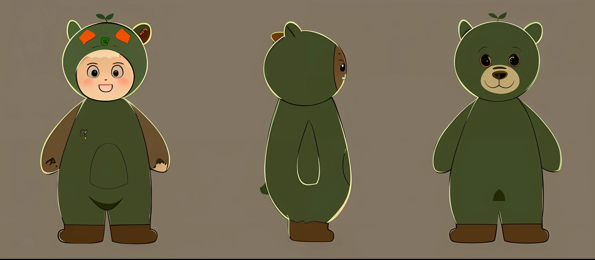 three cartoon bears in different poses with a green leaf on their head, four humanoid bears, character design for animation, bears, animated character design, animation character, character turnaround, several character designs, front back view and side view, man bear pig, various pose, inspired by Nyuju Stumpy Brown, character model sheet turnaround, umaru-chan, full body mascot