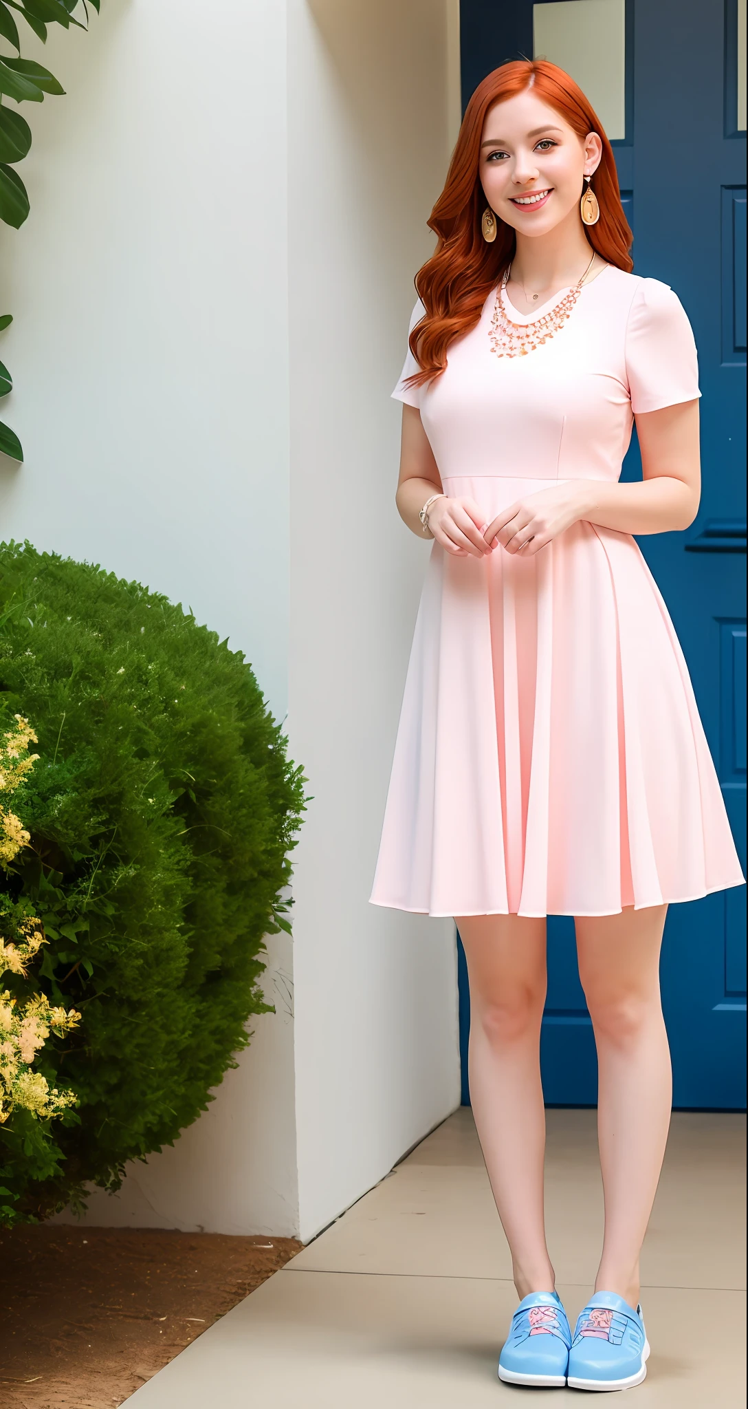 "A light pink dress paired with playful and casual blue footwear."  8k, RAW photo, portrait, best quality, ultra high resolution, realistic,
1girl, full body, thighs, red hair, earrings, necklace, car, grinning, eyelashes, breasts, open legs, cinematic lighting, depth of field, lens flare,