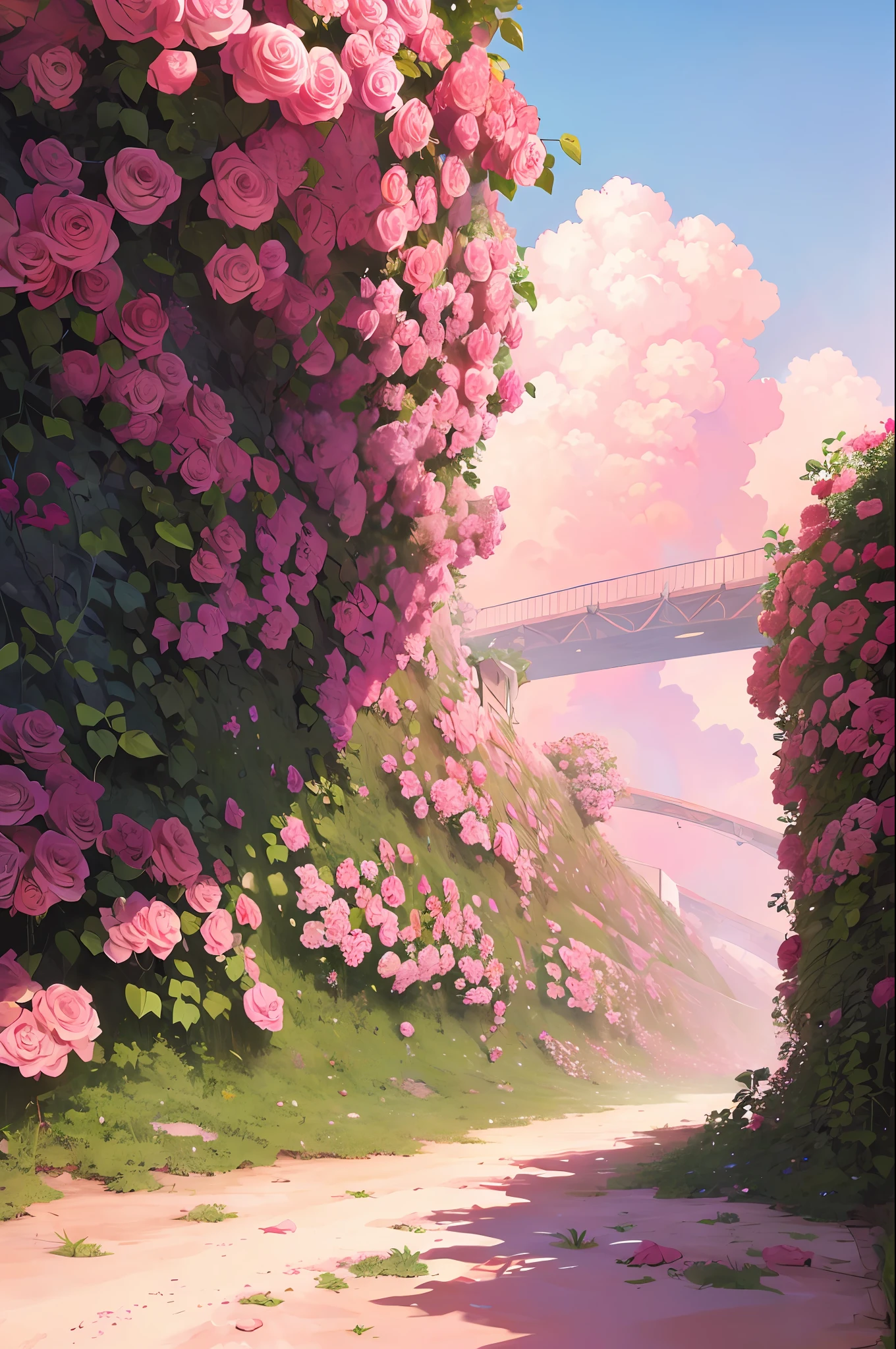 Summer, desert, pink clouds, a land overgrown with roses, James Gurney, art station rendering, ultra-wide lens, high definition