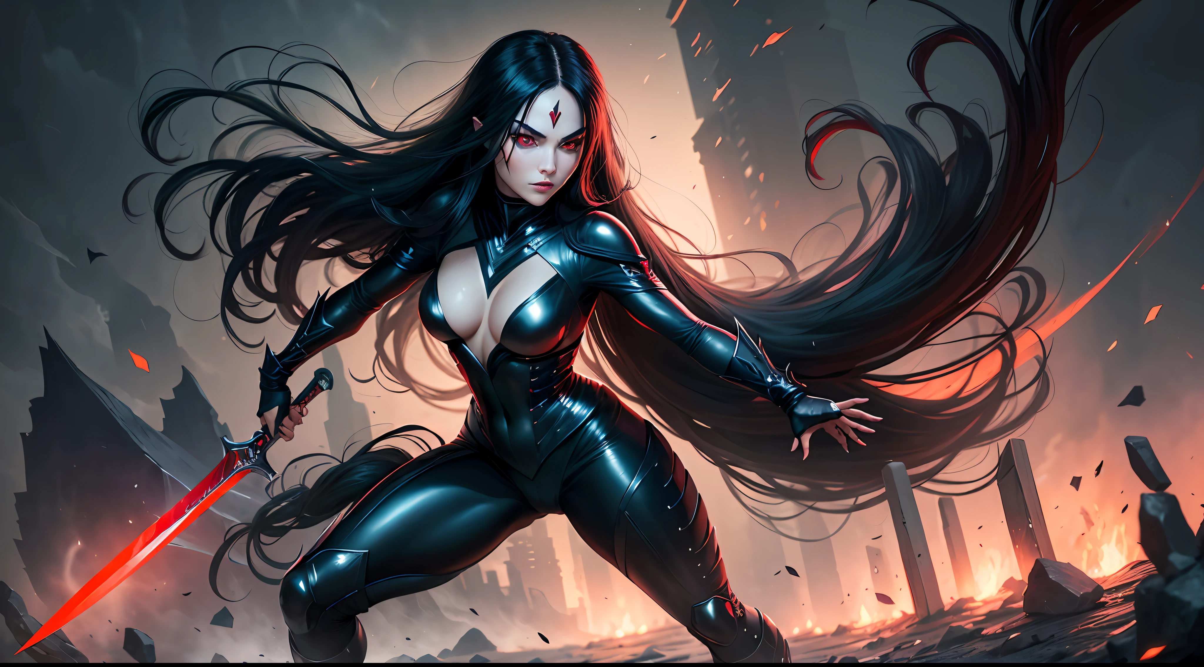 1 woman, beautiful girl, long black hair, shiny, red eyes, looking at the viewer, full body framed, ninja, ninja woman, sensual ninja, dangerous ninja, very realistic light skin, wearing ninja outfit, pants, with black metal parts with sparkle, sword in hand, night, in the shadows, sneaking