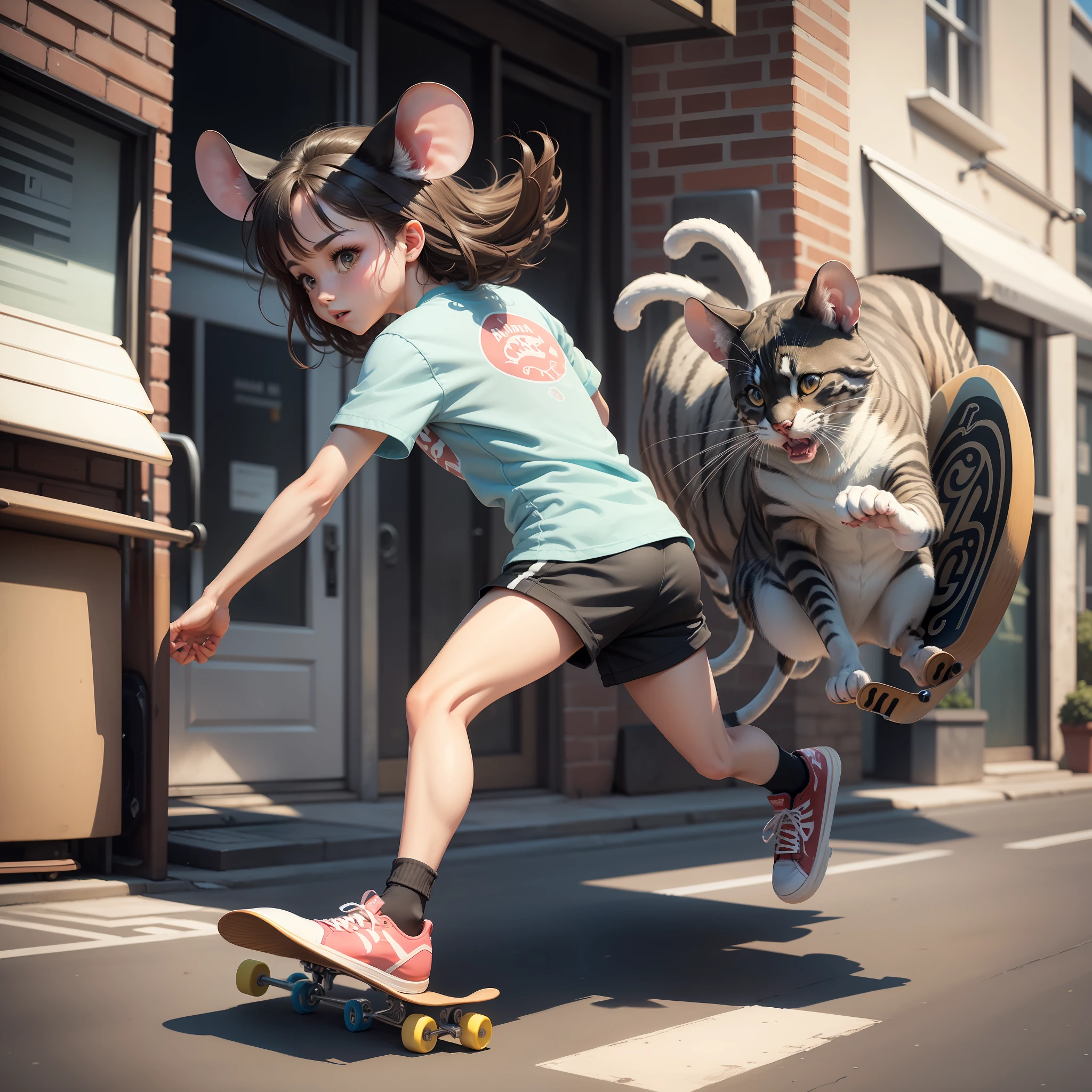 (detailed description) (best quality) drawing of a mouse riding a skateboard, standing on the skateboard in the street he running away from the cats running behind her with all four legs in the street