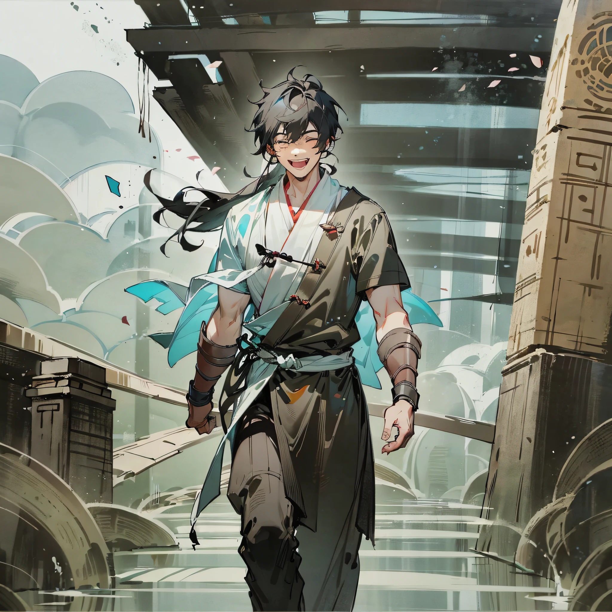 (Immortal level, high quality) lifelike ancient world, under the dark painting style, [male protagonist: (1 male)], Asian, black hair, laughing, next to a huge ancient Chinese bridge, filled with white mist.