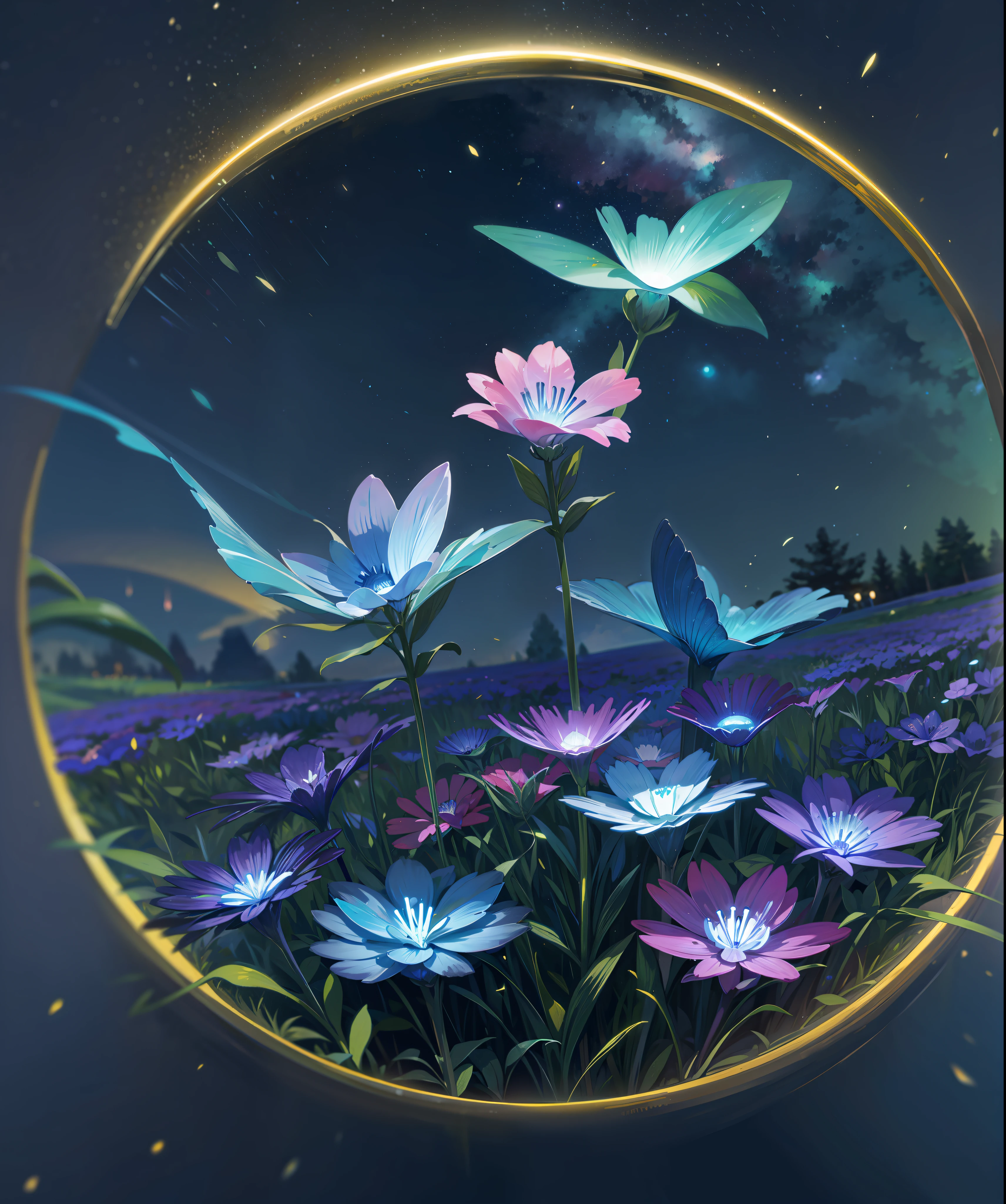 bioluminescence, flowers, night, sky