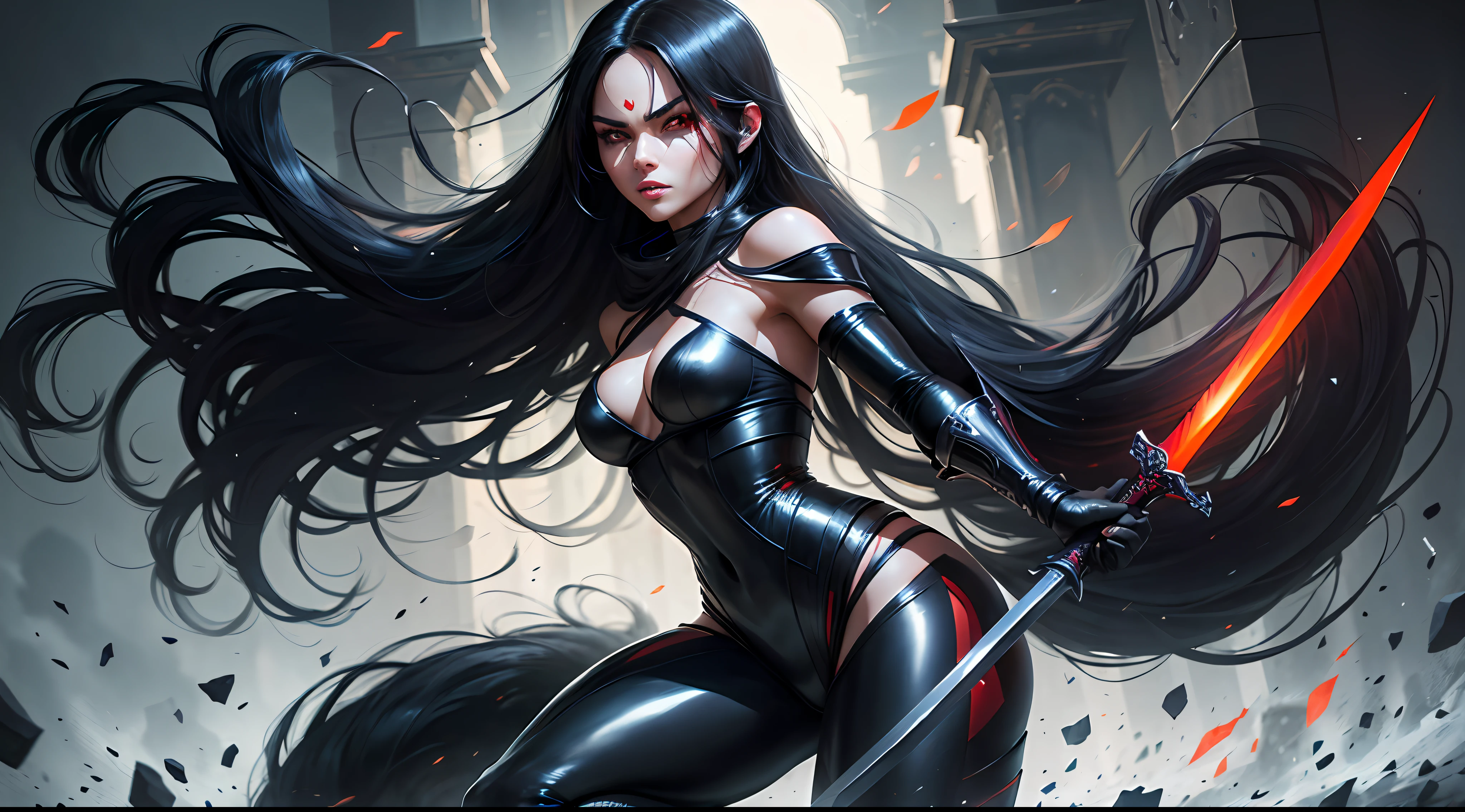 1 woman, beautiful girl, long black hair, shiny, red eyes, looking at the viewer, full body framed, ninja, ninja woman, sensual ninja, dangerous ninja, very realistic light skin, wearing ninja outfit, pants, with black metal parts with sparkle, sword in hand, night, in the shadows, sneaking