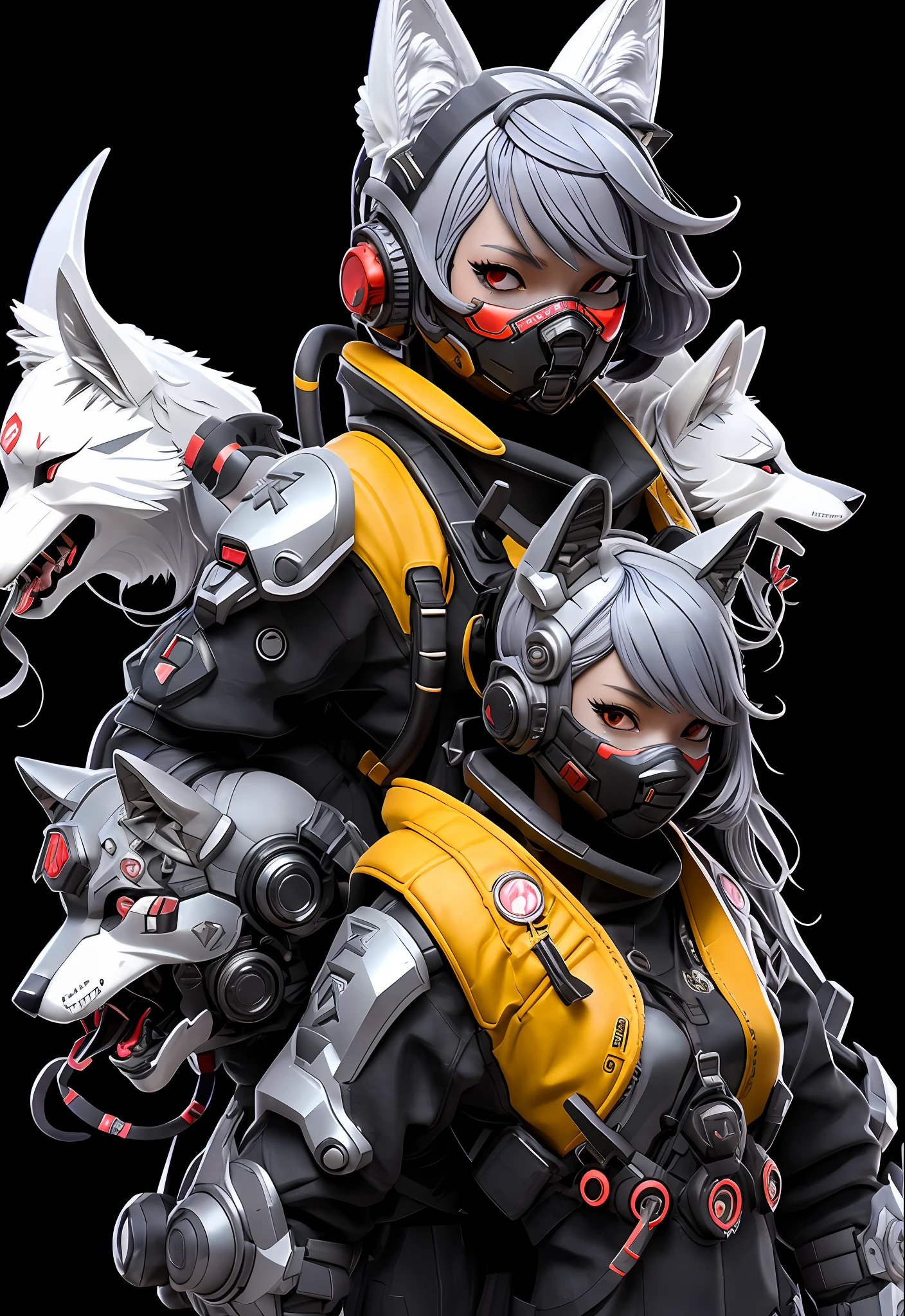 nijilorawolf a nijigirl with wolf - ears wearing scifi cyberpunk armor, gray hair, big warm smile, (red mask), samurai, katana, a huge diamond necklace, dancing, big beautiful cobalt ODD eyes, very detailed