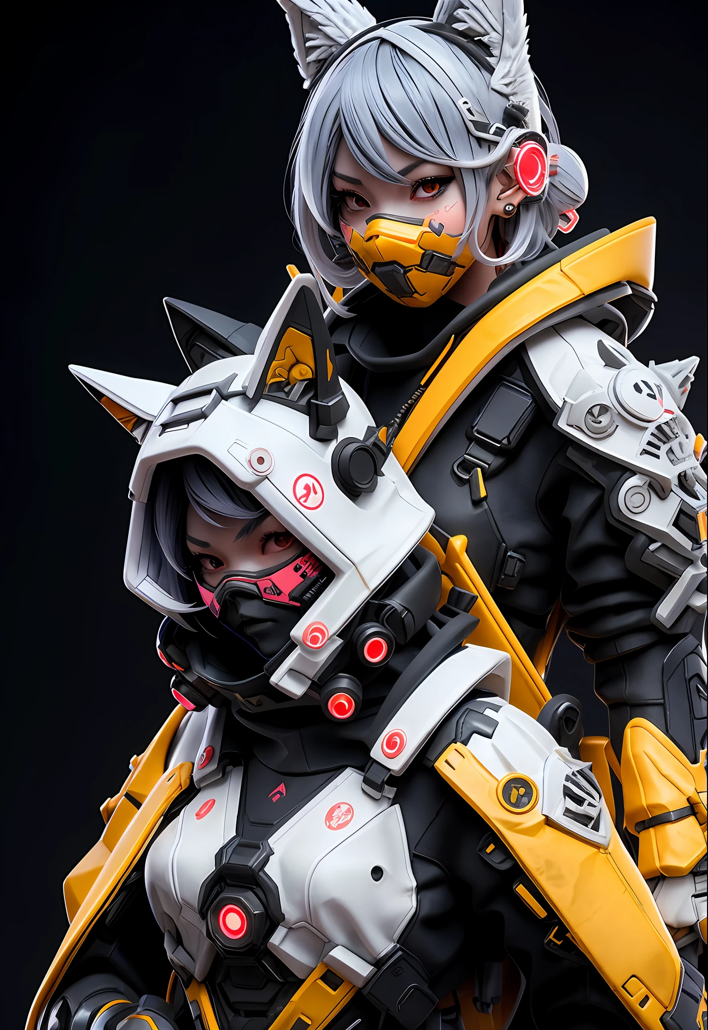 nijilorawolf a nijigirl with wolf - ears wearing scifi cyberpunk armor, gray hair, big warm smile, (red mask), samurai, katana, a huge diamond necklace, dancing, big beautiful cobalt ODD eyes, very detailed