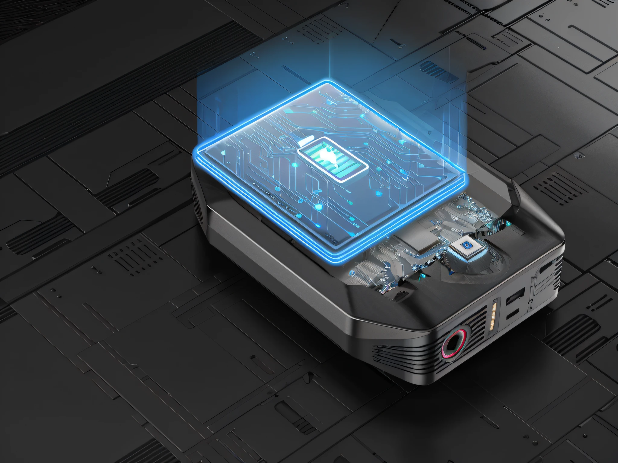 a close up of a projector with a blue light on top of it, powering up. hyperdetailed, with sparking circuits, 1080p, 1 0 8 0 p, 8k detail, 8 k detail, holographic interface, 250mp, batteries not included, massive battery, charging plug in the chest, 40mp, 4 0 mp