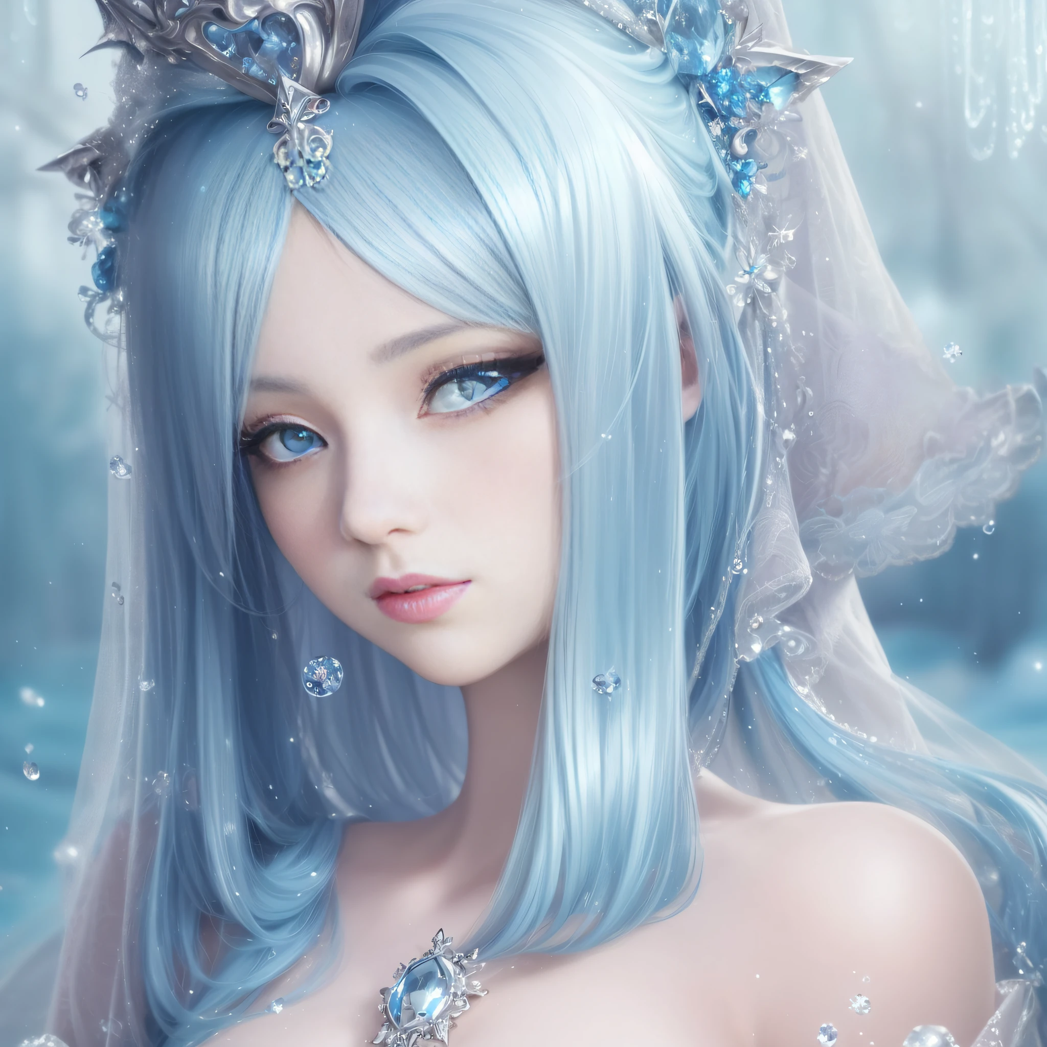 Anime girl with blue hair and veil in snowy scene, (((Beautiful Fantasy Queen)), detailed digital anime art, beautiful fantasy queen, smooth anime CG art, 8k high quality detail art, beautiful elegant elf queen, beautiful fantasy anime, beautiful anime woman, close-up fantasy with water magic, fan art best art station, digital art on pixiv, high quality, high resolution