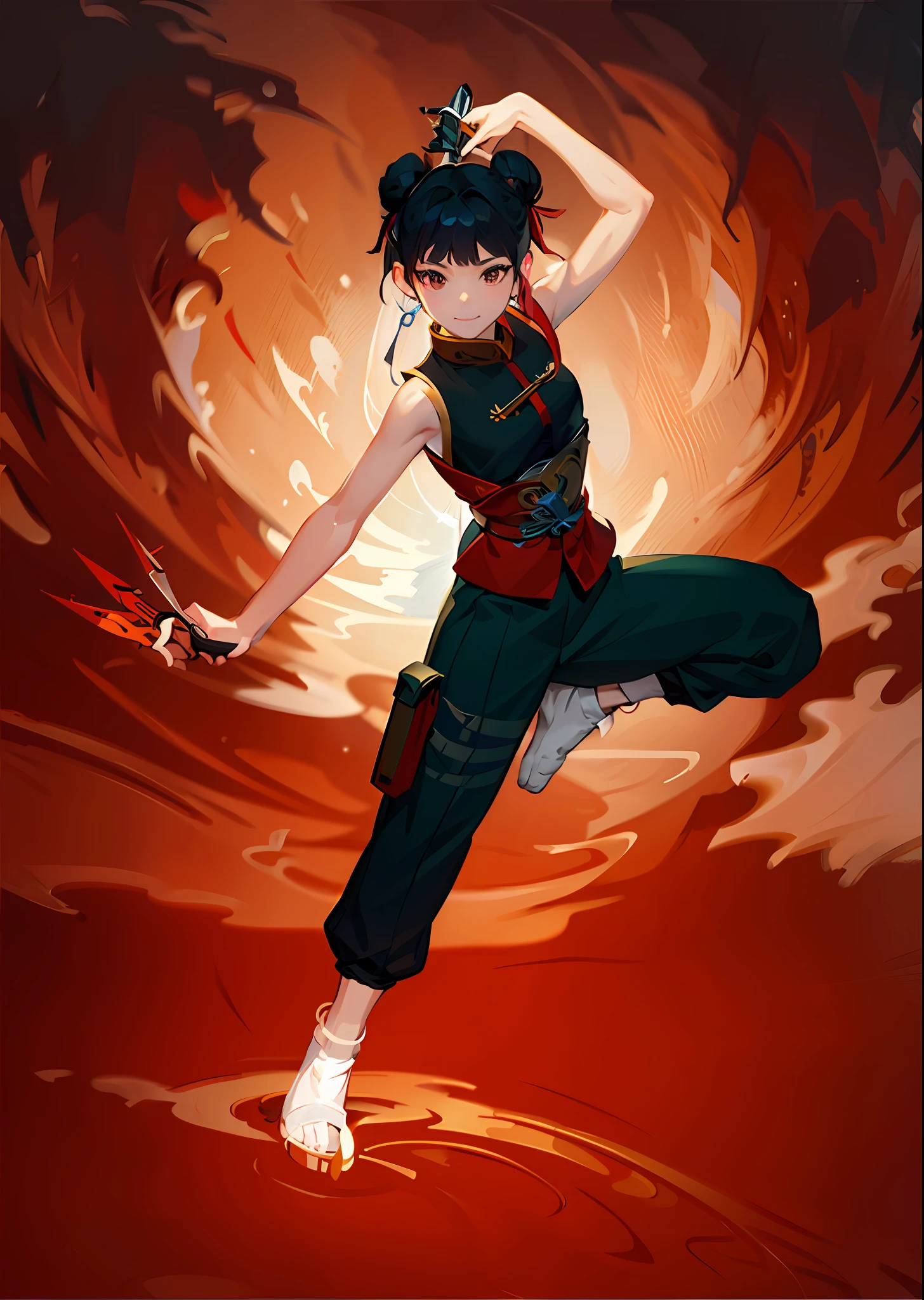 Masterpiece, best quality, official art, 8k wallpaper, very detailed, illustration, 1 girl, holding 3 pieces of kunai, chinese mythology, double bun, abstract background
