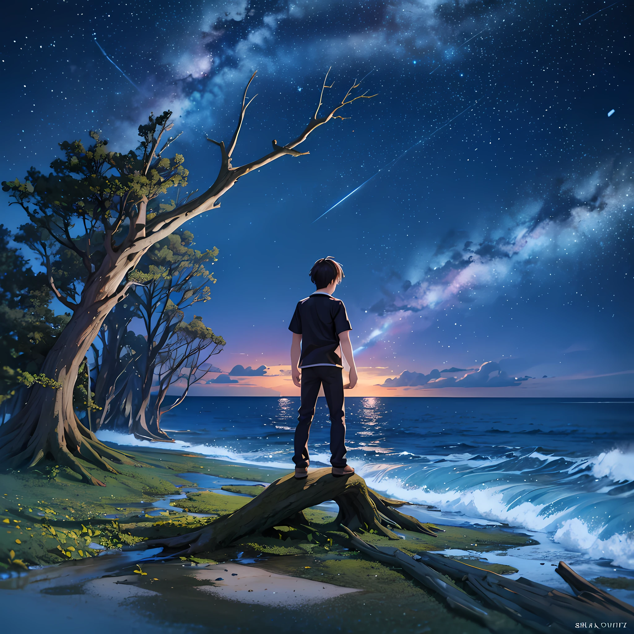Ultra HD, Ultra Quality, 3D, Starry Sky at Night Boy's Back Looking at the Sea on the Cliff Fallen Leaves of a Big Tree Next to Ten Sheets