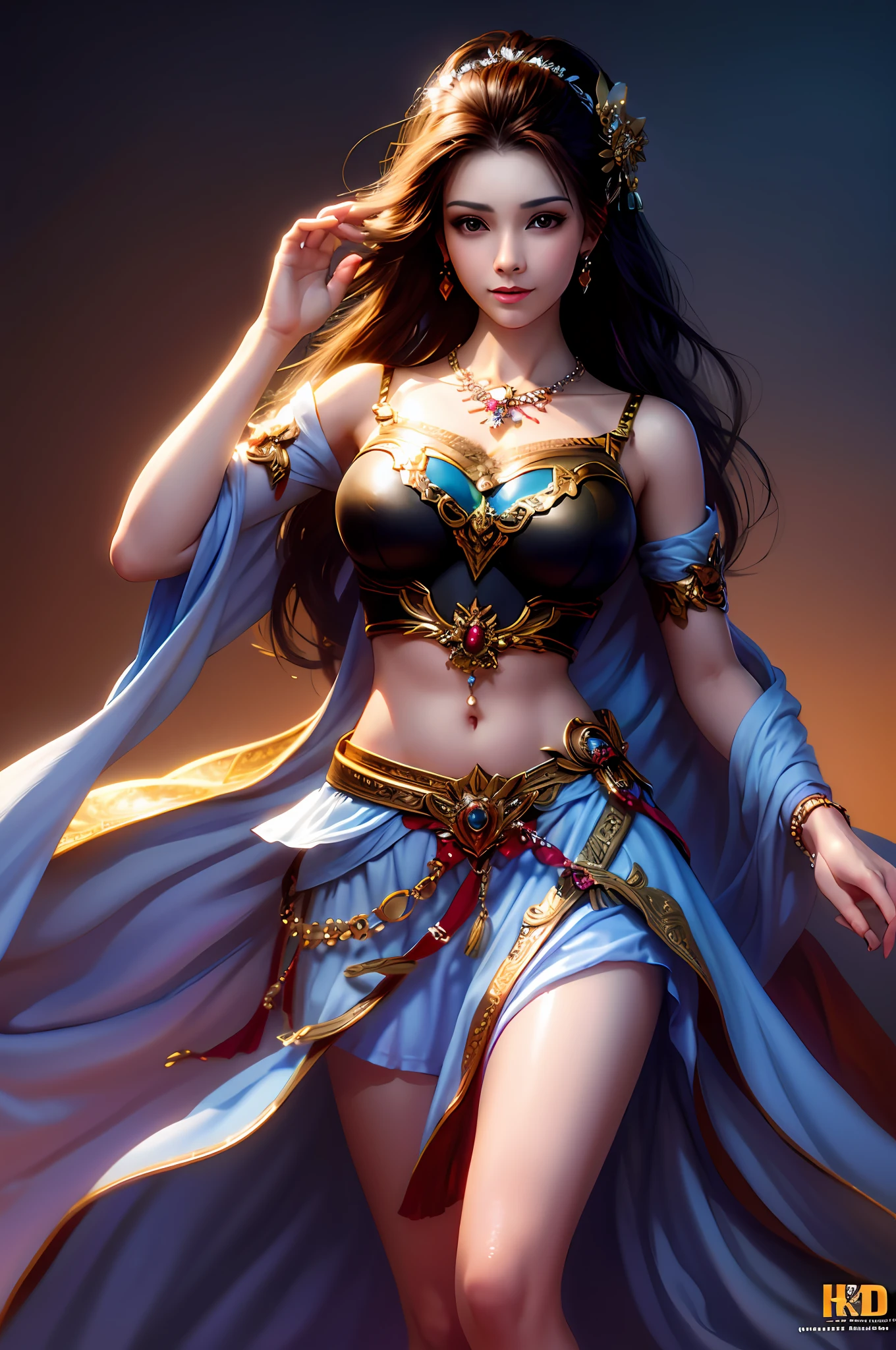 Best Quality, Masterpiece, High Resolution, 1Girl, Barefoot, Oil Painting, Gauze Skirt, Ribbon, Hair Accessories, Necklace, Jewelry, Beautiful Face, Tyndall Effect, Realism, Dark Studio, Edge Lighting, Two-tone Lighting, (High Detail Skin: 1.2), 8K UHD, DSLR, Soft Light, High Quality, Volumetric Light, Photo, High Resolution, 4K, Background Bokeh