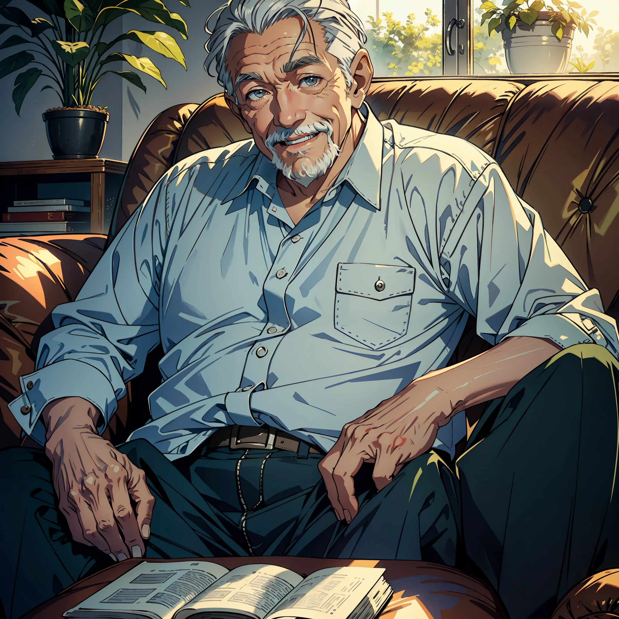 An old man, gray-haired, smiling, kind, sitting on the sofa