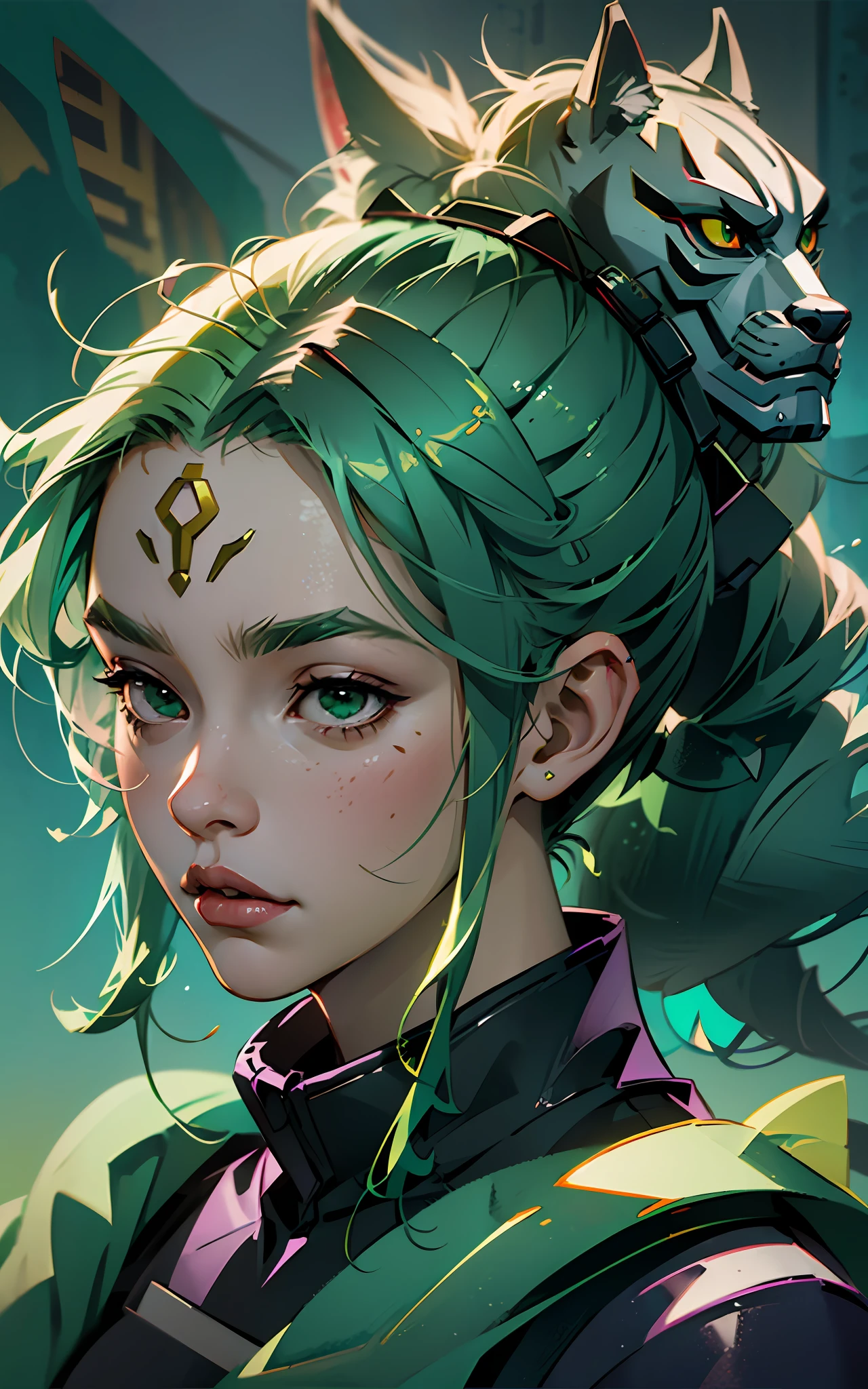 kiriko \(overwatch\), green hair, ponytail, facial mark, fox mask, half mask --auto --s2