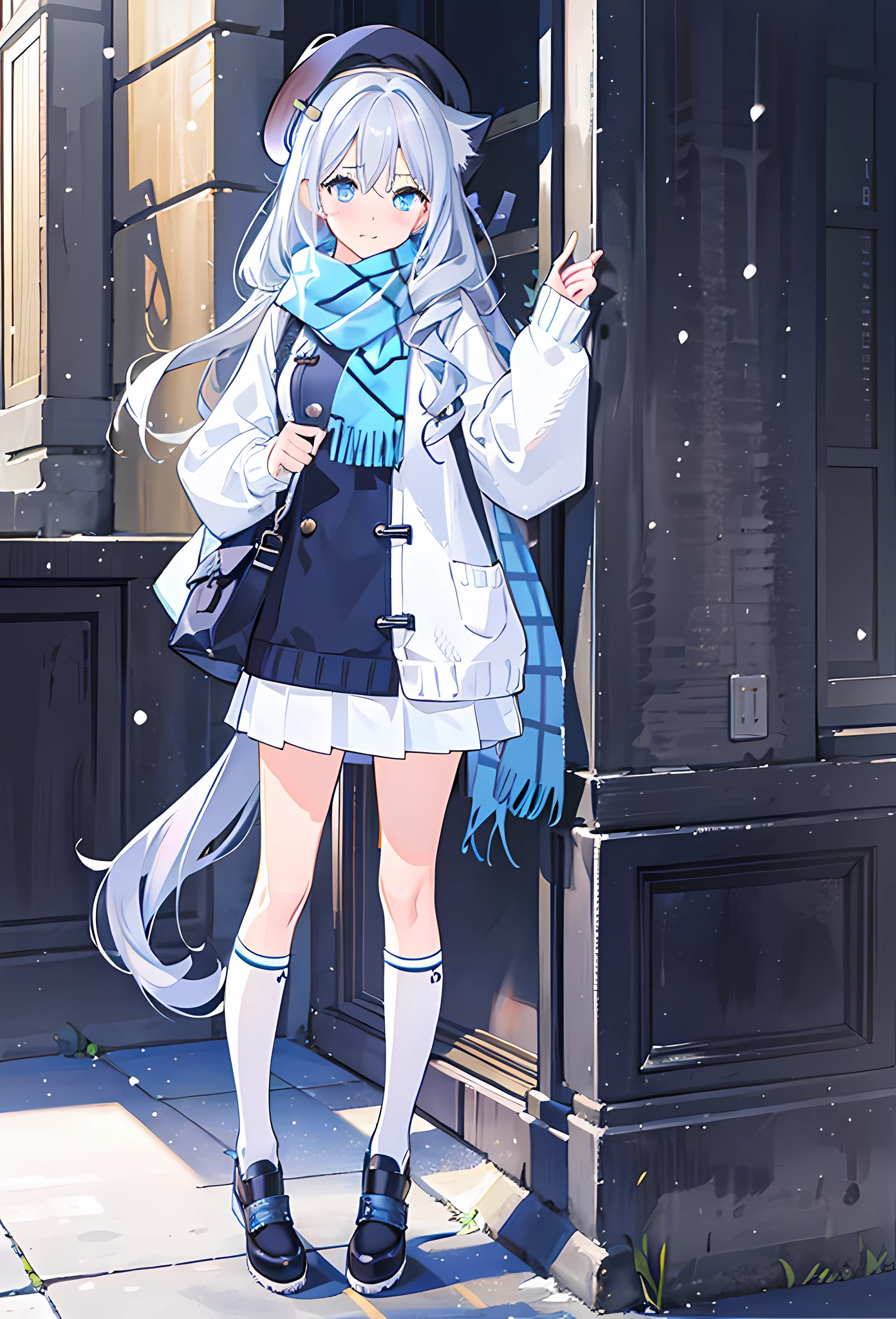 1girl, perfect face, white silver long hair, curly hair(light), cat ears, perfect cat ears, blue eyes, blushing, blank expression, white beret, checkered white and blue scarf, winter knitted fleece shirt, white skirt, knee length loose white socks, black sandals