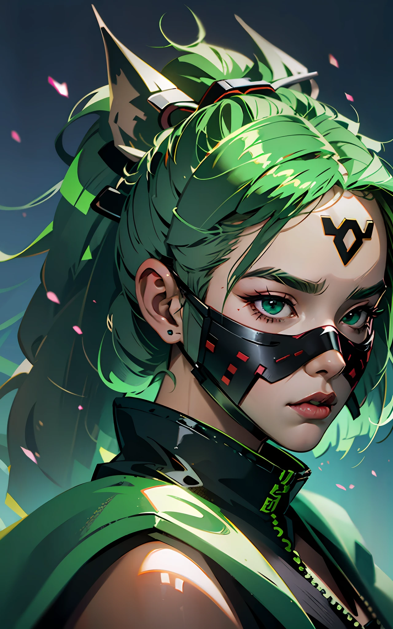 kiriko \(overwatch\), green hair, ponytail, facial mark, fox mask, half mask --auto --s2