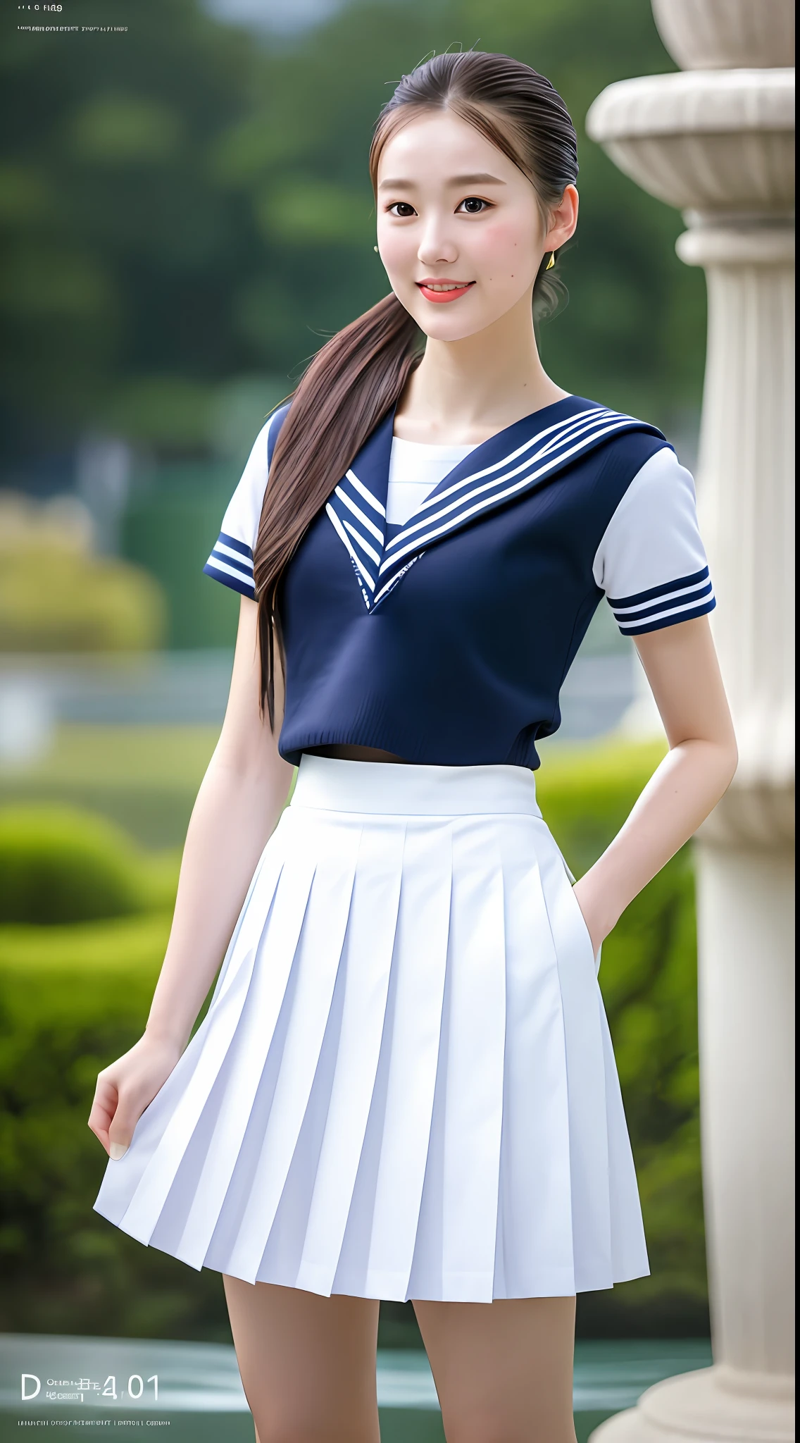 Realistic photos of shoulder length hair, ponytail, thin makeup, (small breasts), fountain, clear facial features, 8K high resolution, sharp and realistic details, full body, high school uniform, white skin, white sailor suit, mini skirt, pleated skirt, f/4.0, 135mm, fujifilm, jpeg artifact, dithering, UHD, masterpiece, wind, cherry, blur, skirt lift, white pants,