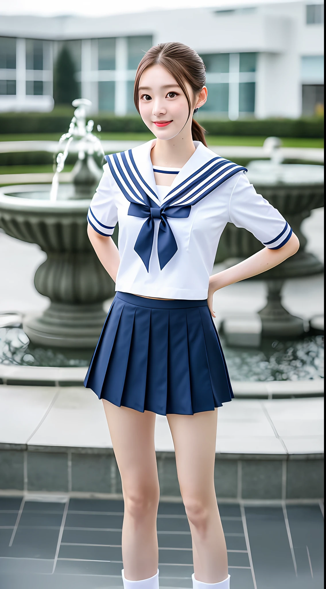 Realistic photos of shoulder length hair, ponytail, thin makeup, (small breasts), fountain, clear facial features, 8K high resolution, sharp and realistic details, full body, high school uniform, white skin, white sailor suit, mini skirt, pleated skirt, f/4.0, 135mm, fujifilm, jpeg artifact, dithering, UHD, masterpiece, wind, cherry, blur, skirt lift, white pants,