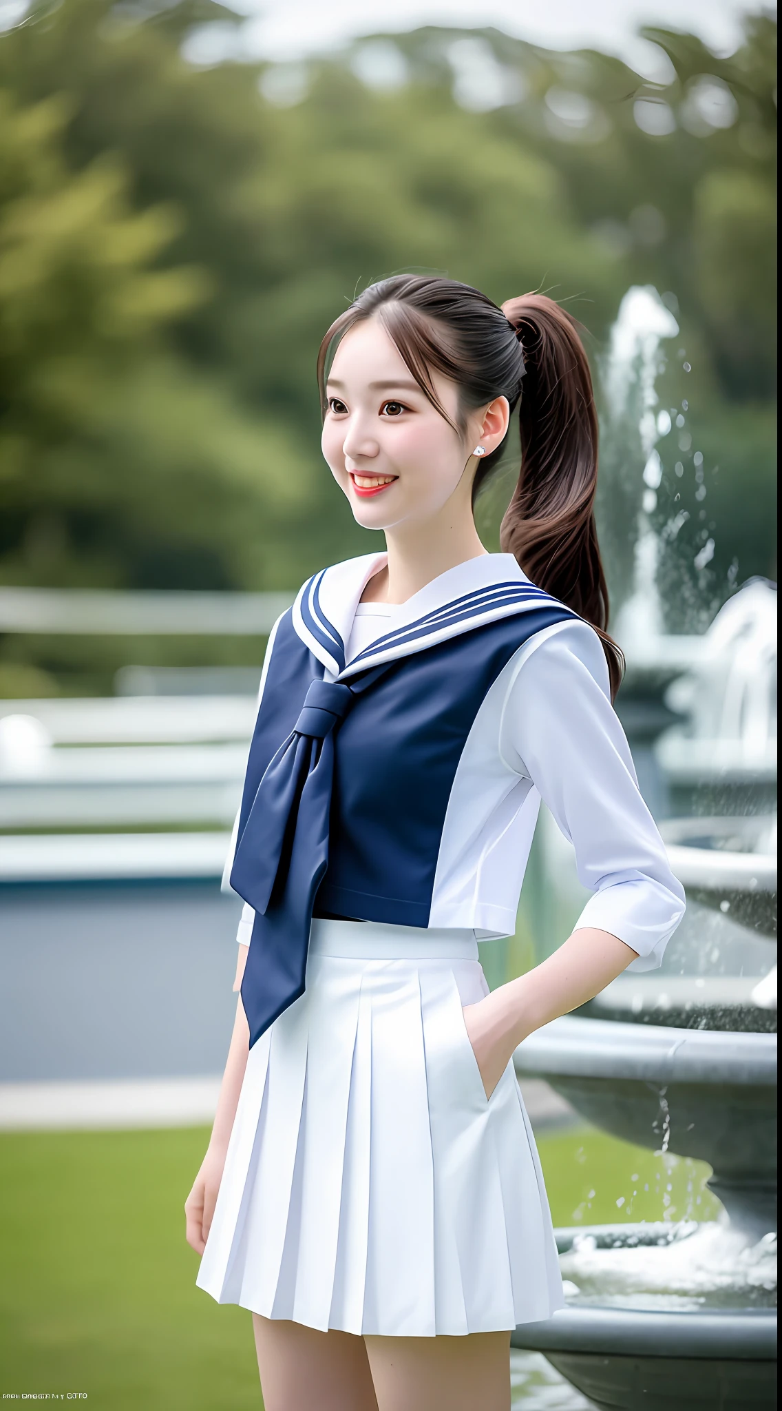 Realistic photos of shoulder length hair, ponytail, thin makeup, (small breasts), fountain, clear facial features, 8K high resolution, sharp and realistic details, full body, high school uniform, white skin, white sailor suit, mini skirt, pleated skirt, f/4.0, 135mm, fujifilm, jpeg artifact, dithering, UHD, masterpiece, wind, cherry, blur, skirt lift, white pants,