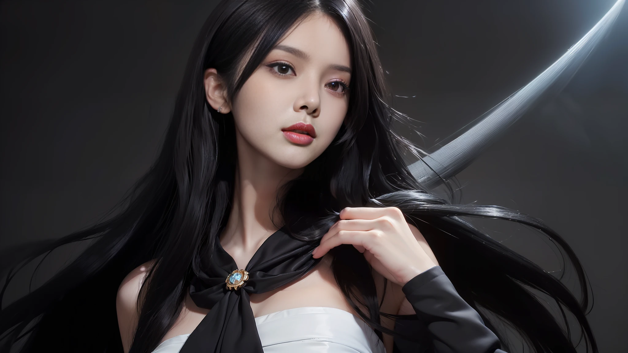 (((masterpiece+best quality+high resolution+ultra-detailed))), long silky black hair, high nose, sharp eyes, noble and inviolable temperament, (([female]: 1.2 + [beauty]: 1.2 + black long hair: 1.2)), dark and deep background, bright eyes, dynamic angle and posture.
