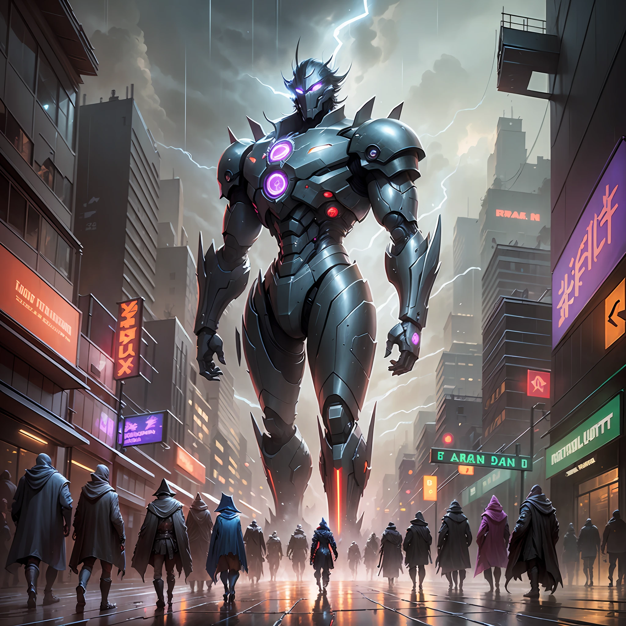 concept art, matte painting, in the rainy streets of a cyberpunk city at night, domination of a tall dark robot wind sorcerer with glowing eyes and a cape, Artstation, Greg Rutkowski --auto --s2