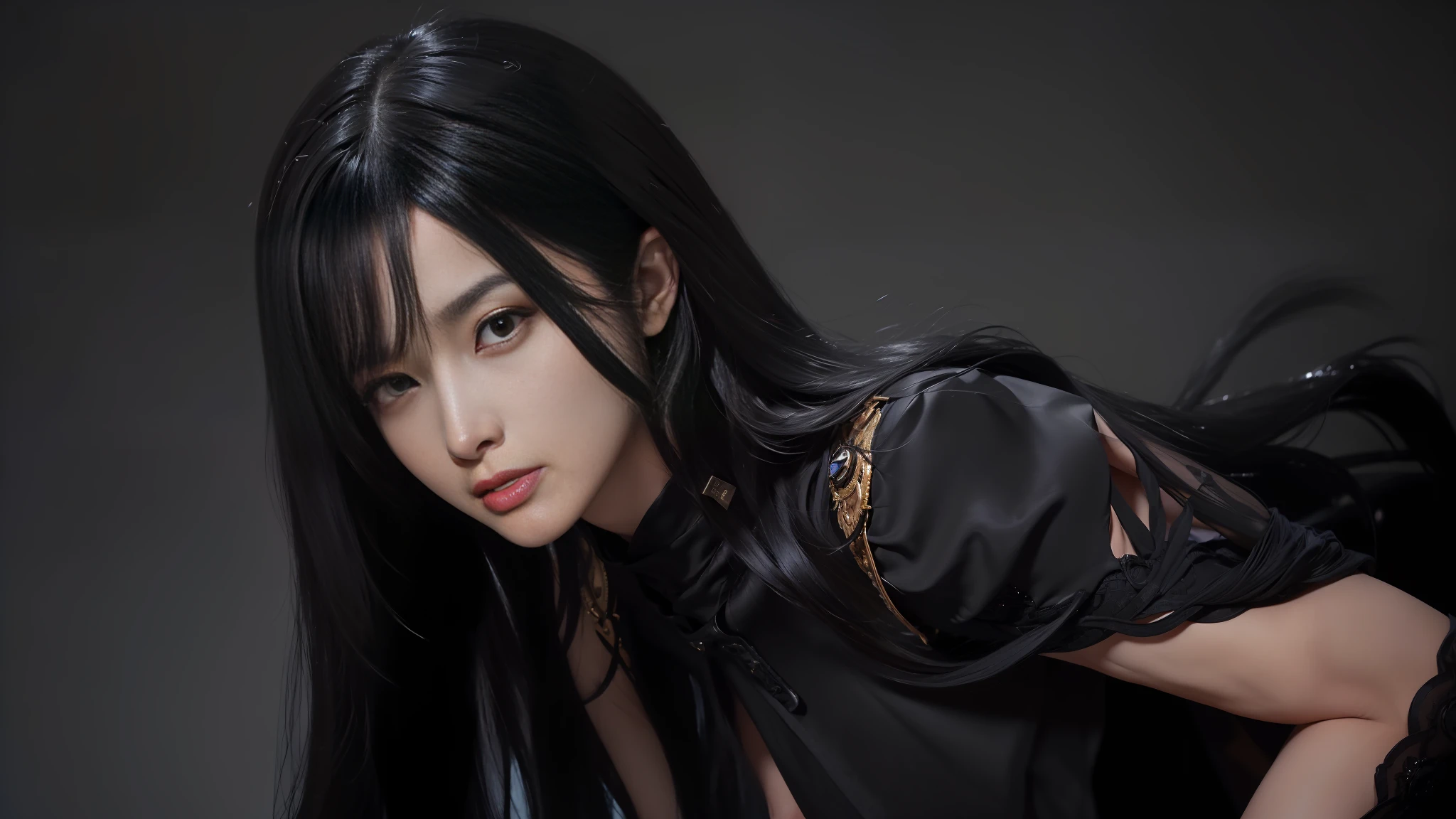 (((masterpiece+best quality+high resolution+ultra-detailed))), long silky black hair, high nose, sharp eyes, noble and inviolable temperament, (([female]: 1.2 + [beauty]: 1.2 + black long hair: 1.2)), dark and deep background, bright eyes, dynamic angle and posture.