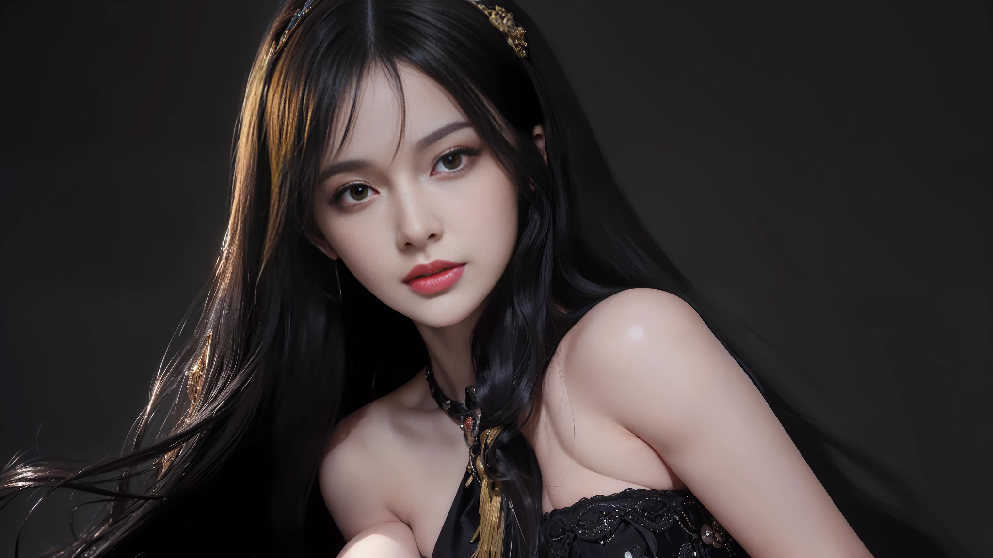 (((masterpiece+best quality+high resolution+ultra-detailed))), long silky black hair, high nose, sharp eyes, noble and inviolable temperament, (([female]: 1.2 + [beauty]: 1.2 + black long hair: 1.2)), dark and deep background, bright eyes, dynamic angle and posture.
