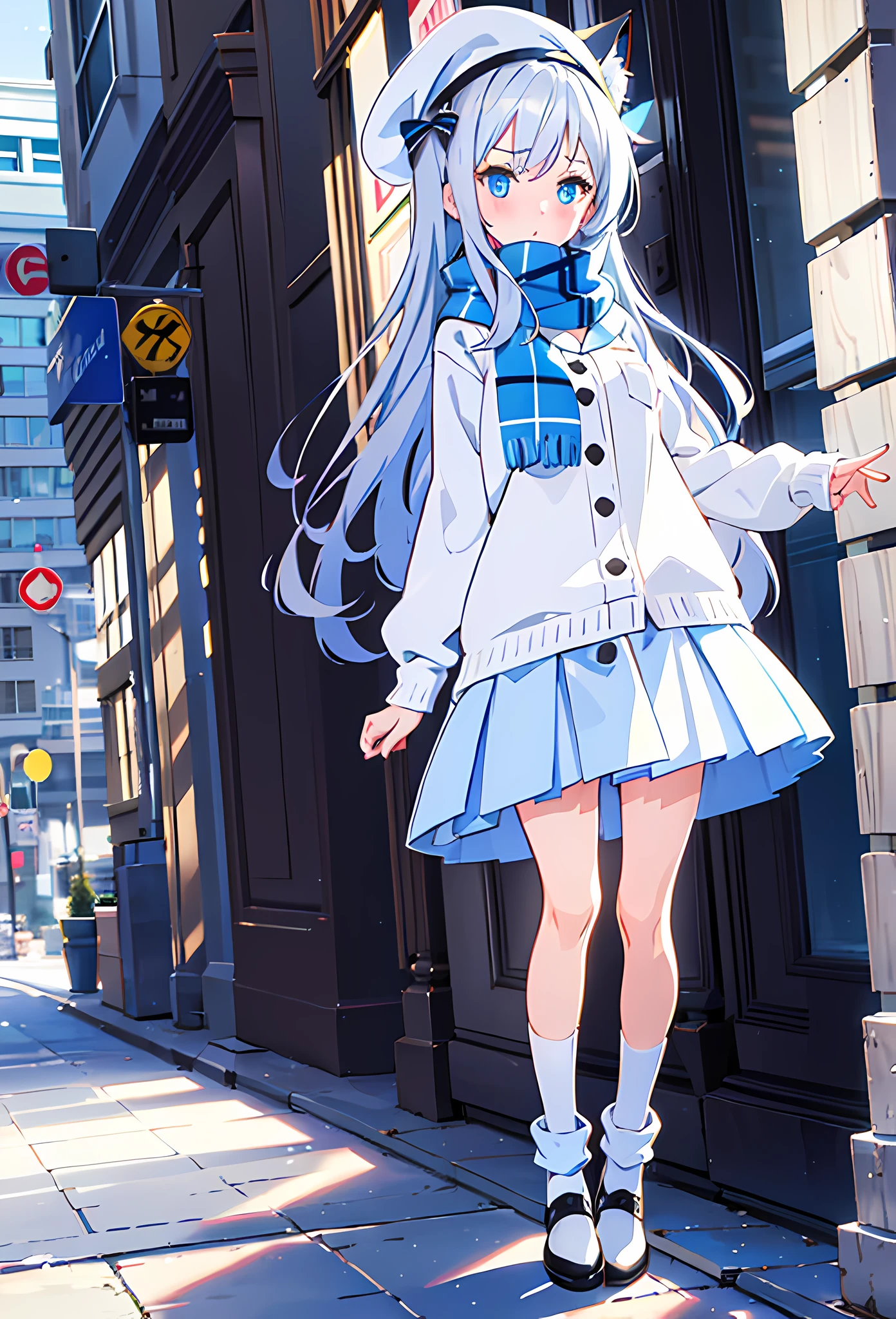 1girl, perfect face, white silver long hair, curly hair(light), cat ears, perfect cat ears, blue eyes, blushing, blank expression, white beret, checkered white and blue scarf, winter knitted fleece shirt, white skirt, knee length loose white socks, black sandals