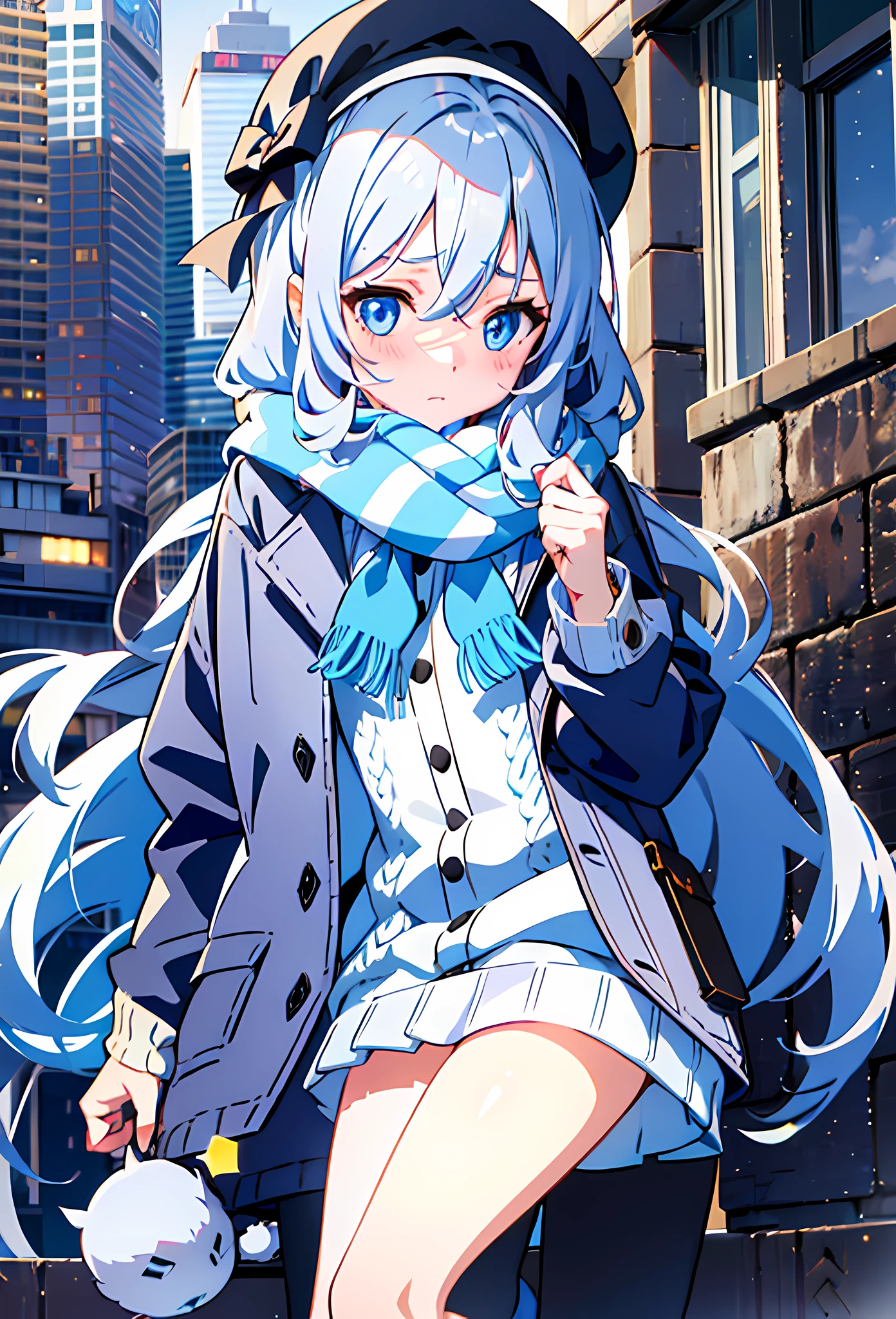 1girl, perfect face, white silver long hair, curly hair(light), cat ears, perfect cat ears, blue eyes, blushing, blank expression, white beret, checkered white and blue scarf, winter knitted fleece shirt, white skirt, knee length loose white socks, black sandals