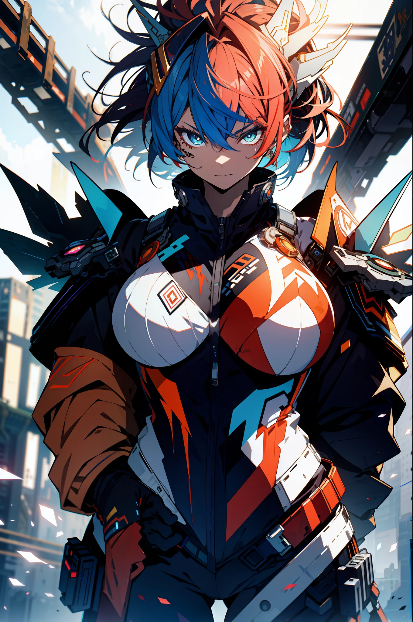 background, language_text, Japanese letters in graffit ,girls, long red hair, excellent lighting, sidelighting, (), vhsKeeper,, style GUILTY GEAR -STRIVE perfect ultimate (flat color: 1.3), (magazine_cover: 1.4), (multicolored_background: 1.3), striped_background, card_background, :: comix style by joe madureira :: circular pieces of white metals glued to the ultra detailed arms coming out sparkling shine, , perfect and detailed, ultra detailed shirt with abstract design and with Japanese graffit print of the sides of the outfit, image of girls with big breast, on top of a futuristic motorcycle, with immersive effects, hover effect, background graffiti style tribal tattoo with vibrant colors "HDR ultra" detailed and with focus effect, (masterpiece: 1.2, best quality), (beautiful eyes with huge eyelashes finely detailed: 1.2), , ((Solo)), (Finely detailed eyes and detailed face :1.3), in various full-body attack poses, (cute background: 1.2),futuristic costume, Super detailed circular metals Clinging to arms and pants, fantastic paintings