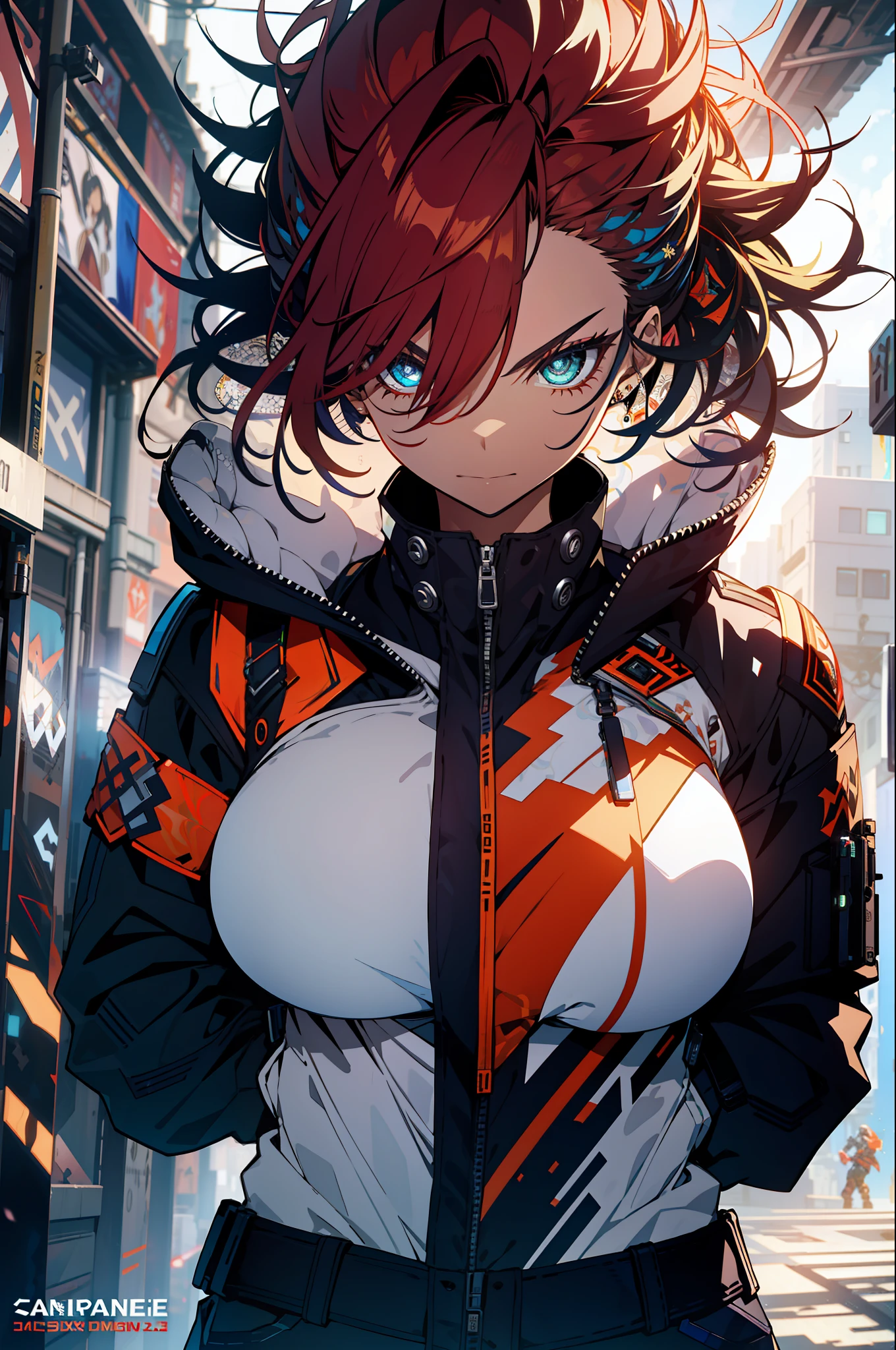 background, language_text, Japanese letters in graffit ,girls, long red hair, excellent lighting, sidelighting, (), vhsKeeper,, style GUILTY GEAR -STRIVE perfect ultimate (flat color: 1.3), (magazine_cover: 1.4), (multicolored_background: 1.3), striped_background, card_background, :: comix style by joe madureira :: circular pieces of white metals glued to the ultra detailed arms coming out sparkling shine, , perfect and detailed, ultra detailed shirt with abstract design  and with Japanese graffit print of the sides of the outfit, image of girls with big breast, on top of a futuristic motorcycle, with immersive effects, hover effect, background graffiti style tribal tattoo with vibrant colors "HDR ultra" detailed and with focus effect, (masterpiece: 1.2, best quality), (beautiful eyes with huge eyelashes finely detailed:  1.2), , ((Solo)), (Finely detailed eyes and detailed face :1.3), in various full-body attack poses, (cute background: 1.2),futuristic costume, Super detailed circular metals Clinging to arms and pants, fantastic paintings