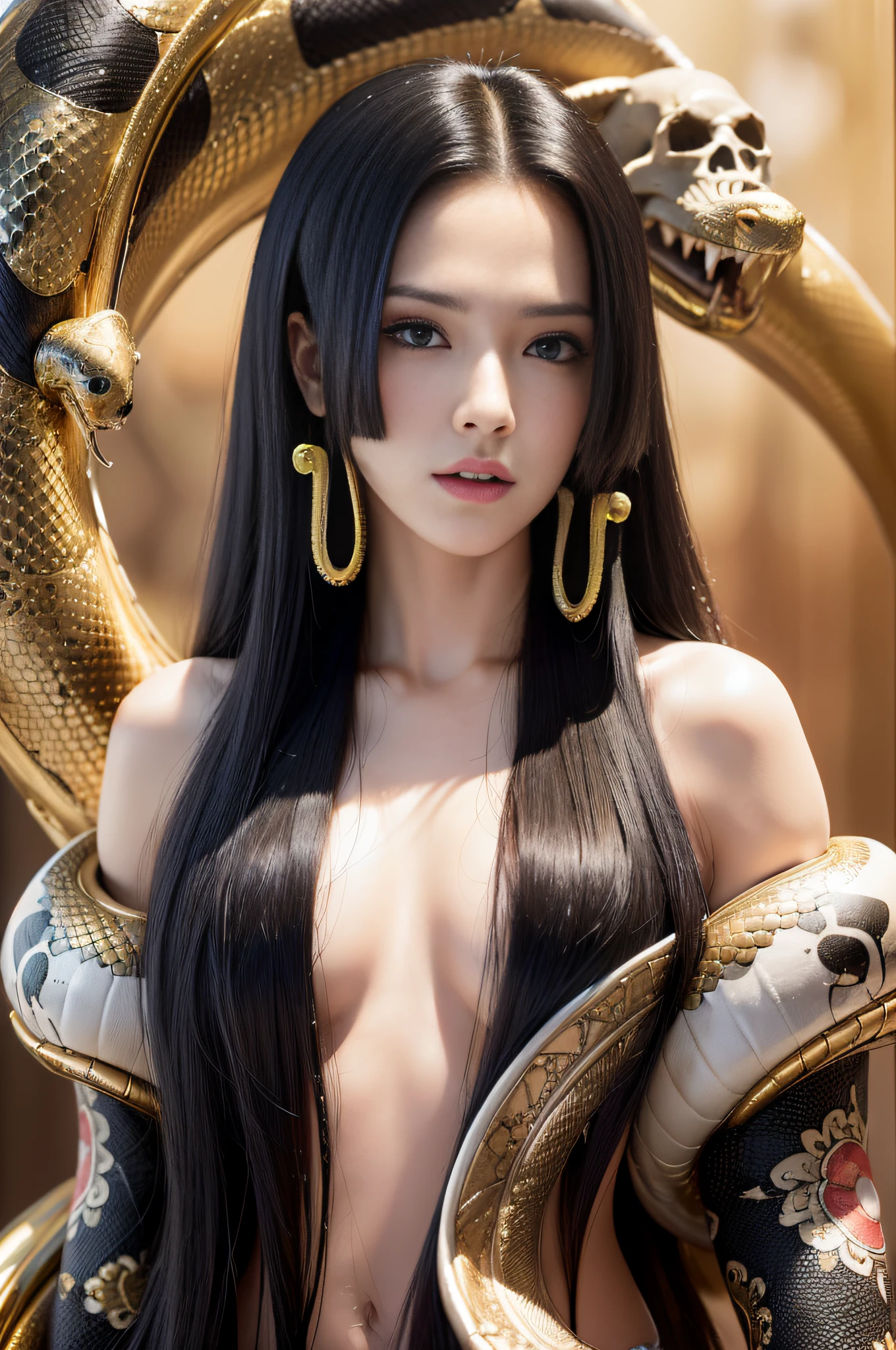 (((masterpiece+best quality+high resolution+ultra-detailed))), boa hancock, long silky black hair, high nose, sharp eyes, noble and inviolable temperament, (([female]: 1.2 + [beauty]: 1.2 + black long hair: 1.2)), snake_skull background, bright eyes, dynamic angle and posture.