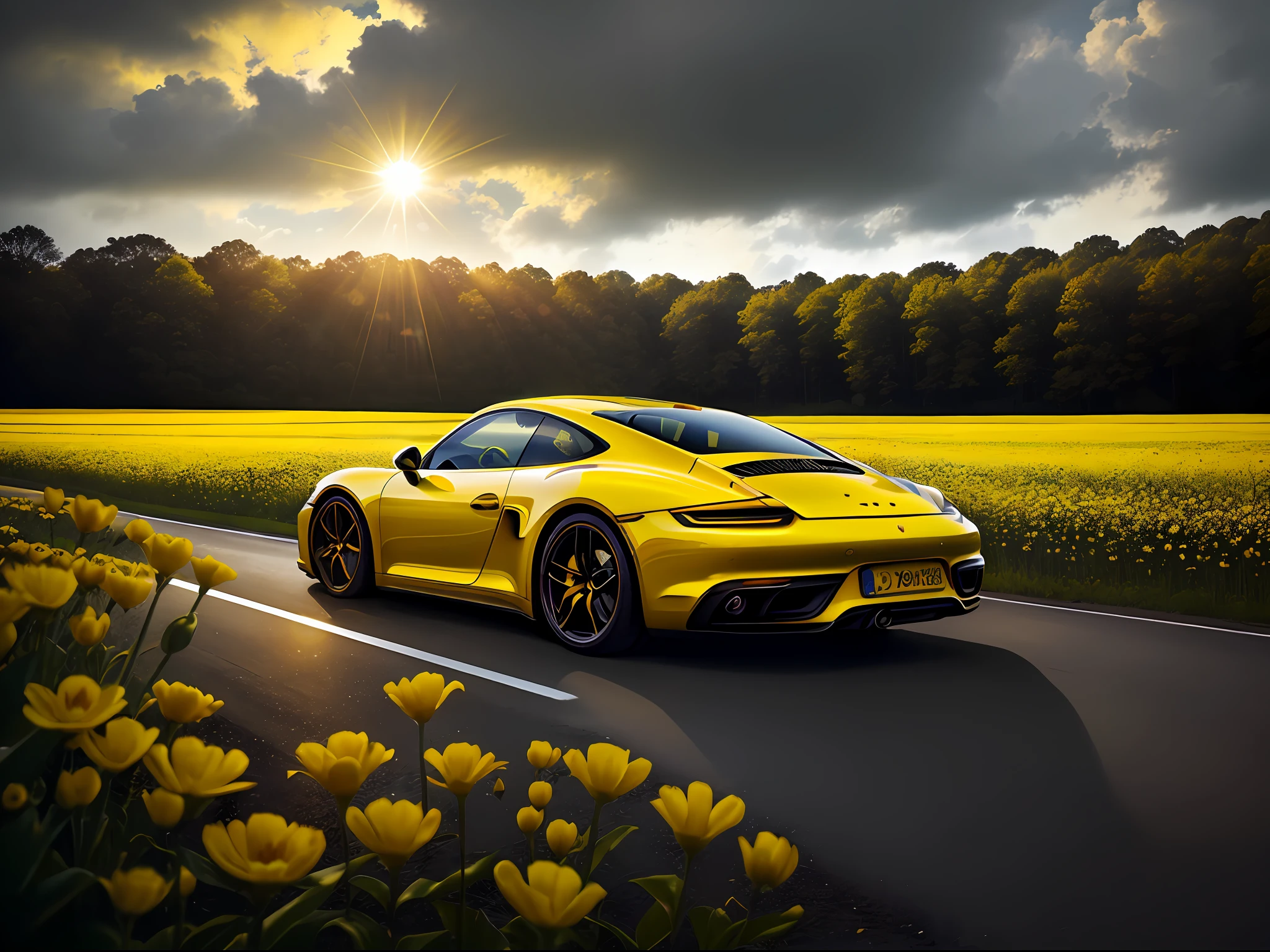 a yellow Porsche Caiaman car, in an open field, flowers around, realistic photo, details, ultra realistic lighting, ultra realistic light and shadow, super detailed texture, ultra realistic wheel, access headlight, lighting effect, ultra realistic reflection