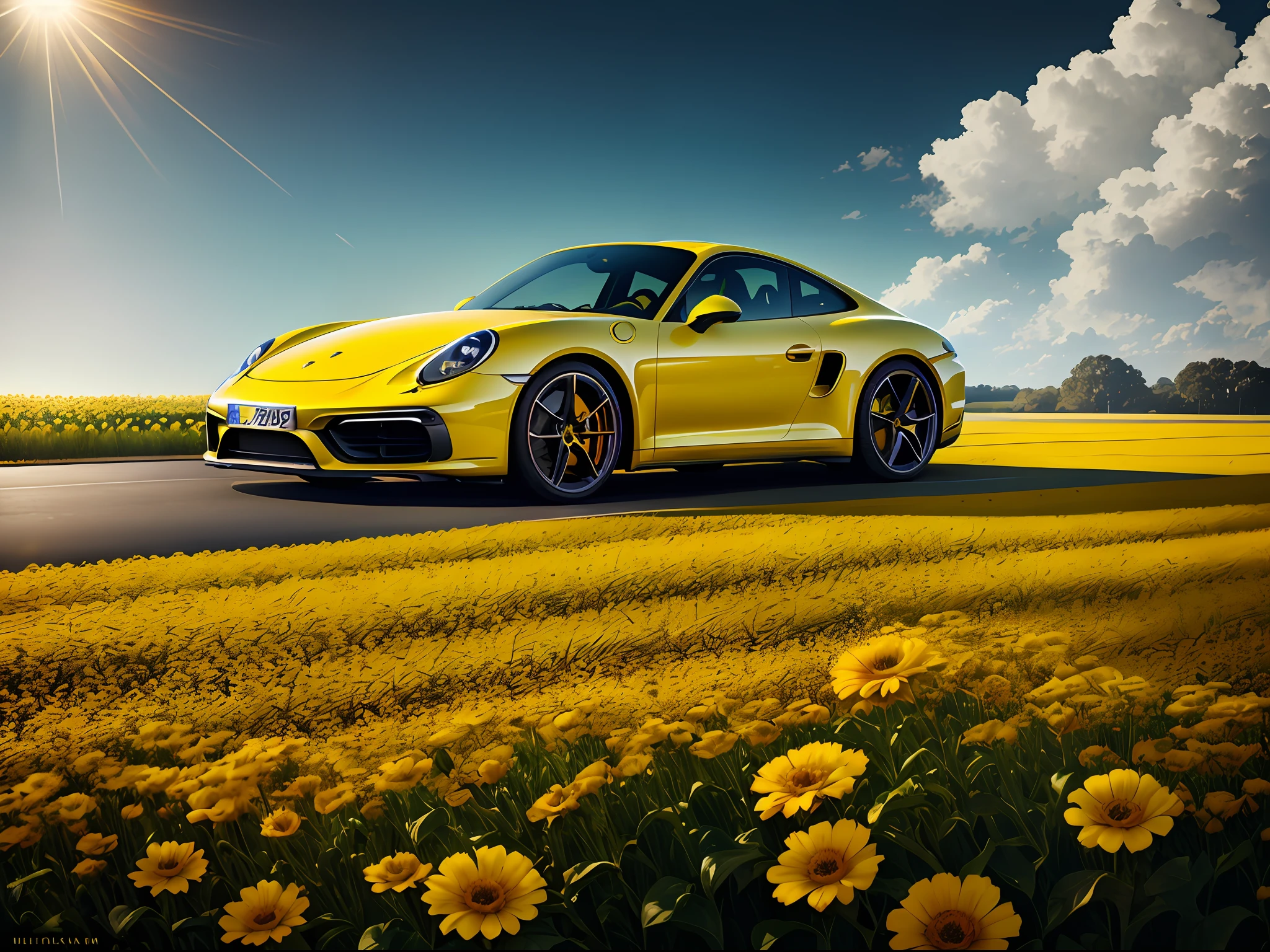 a yellow Porsche Caiaman car, in an open field, flowers around, realistic photo, details, ultra realistic lighting, ultra realistic light and shadow, super detailed texture, ultra realistic wheel, access headlight, lighting effect, ultra realistic reflection