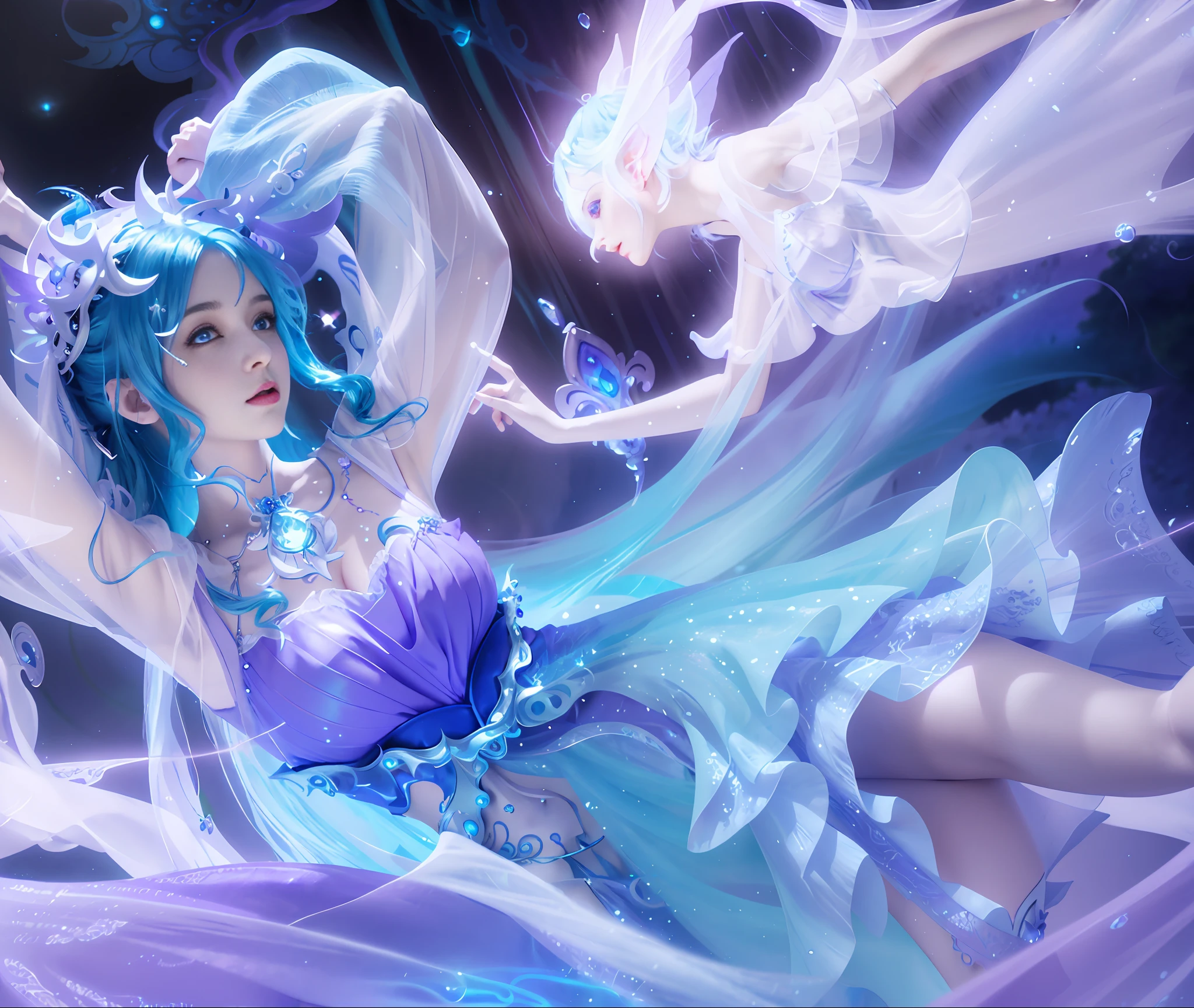 Girl in blue hair and purple dress white dress, fantasy illustration, 2. 5d CGI fantasy artwork, close up fantasy with water magic, fantasy artwork, digital art on pixiv, beautiful celestial mage, beautiful fantasy, ethereal, detailed digital art, astral fairy, premium digital art, fantasy art style, art wallpaper 8k