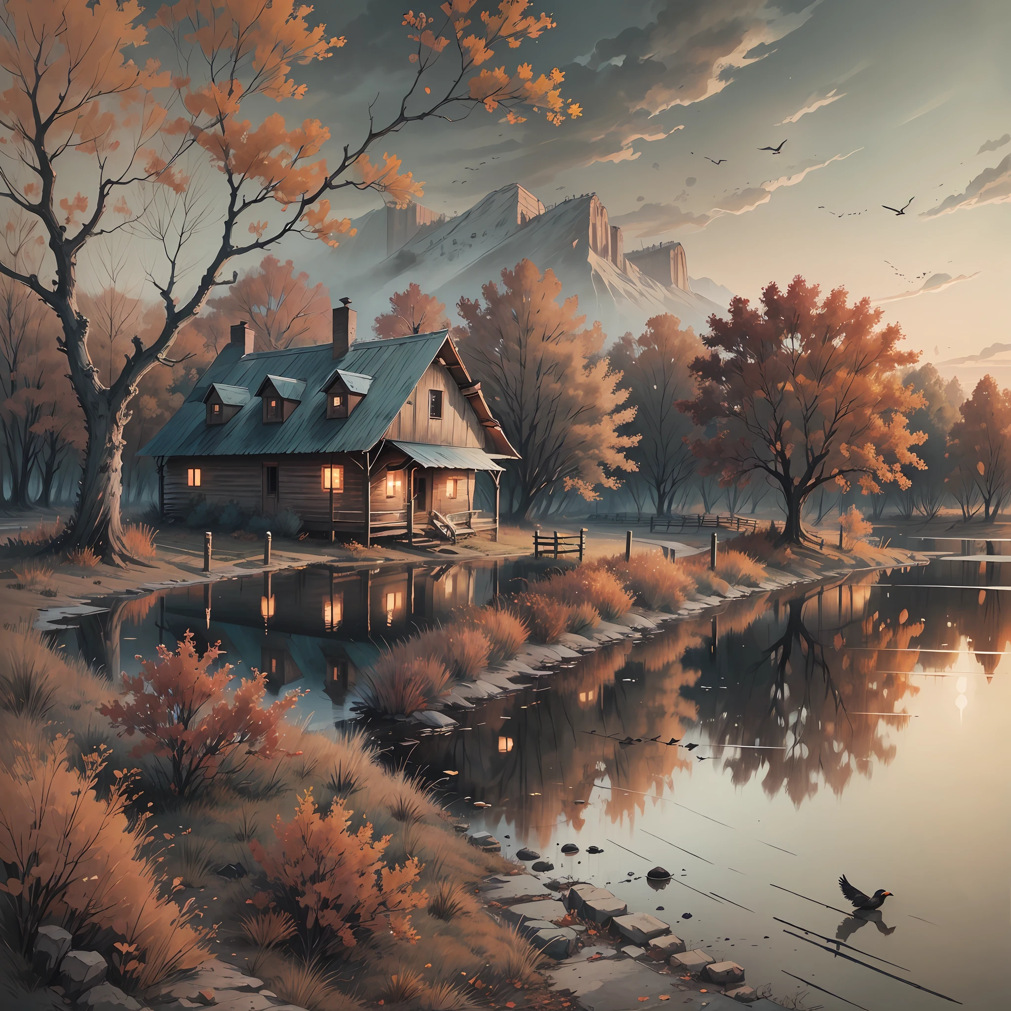 Best quality, autumn, dusk, dead trees, crows, creeks, bridges, cabins, sunsets, sadness, one horse, one person, desolate, sad, lonely