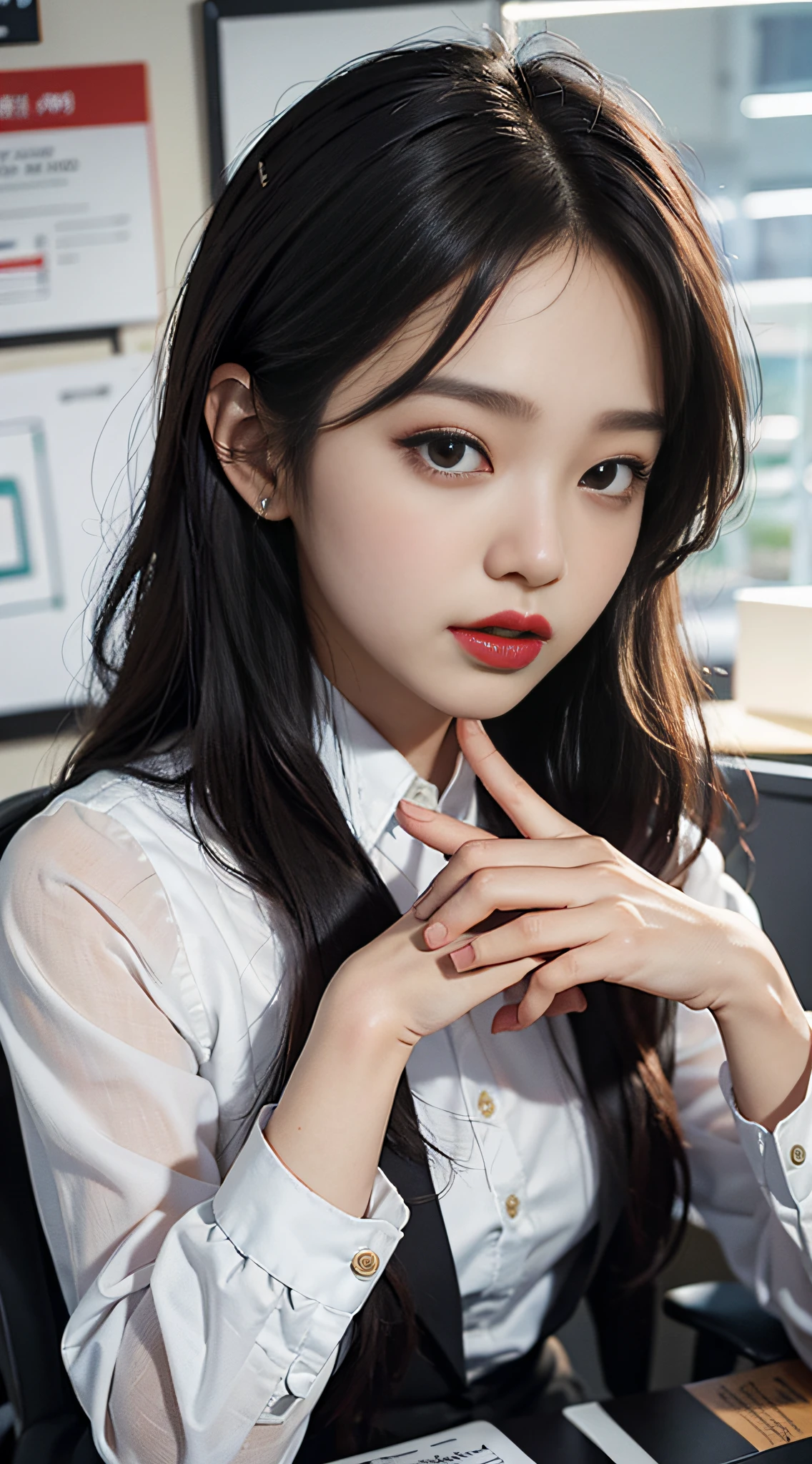 +indoor, office,best quality, ultra high res, (photorealistic:1.4), 1girl, black office suit, white shirt, (red lips), (Kpop idol), (aegyo sal:1), ((black long hair:1.2)),  looking at viewer, charming, ((office suit)), sitting in an office chair,