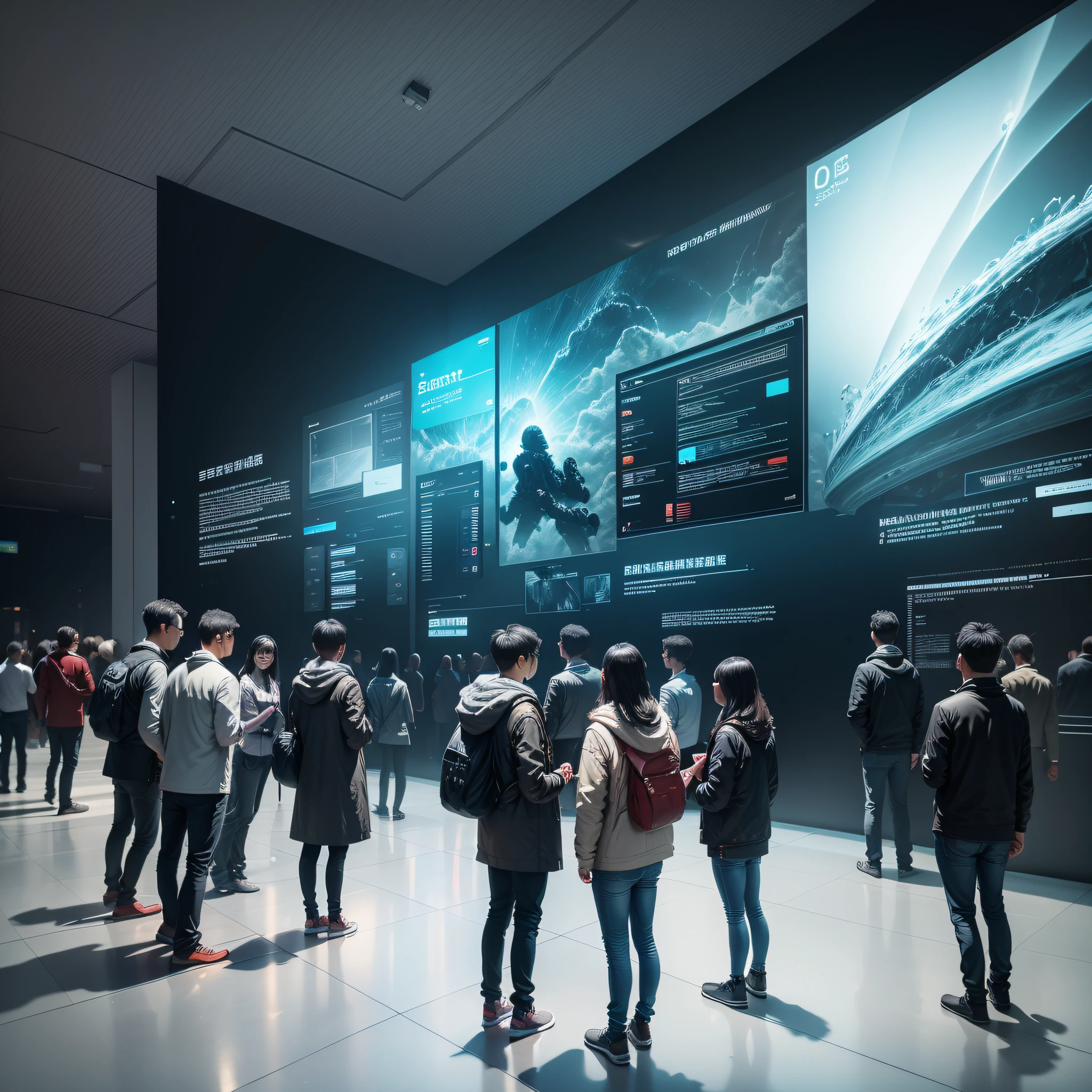 Science and technology exhibition, a large screen is installed on the wall, one or two viewers are watching, the sense of reality, the screen and people are the same height, real people are watching, and the screen presents the development process