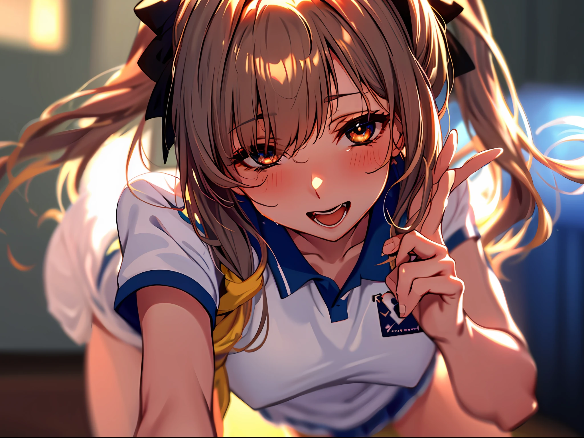 Starry eyes, it looks even more beautiful than immortal, ahoge, hair, star-shaped pupils, amber eyes, colored contact lenses, blush, high detail, anime, romanticism, modern, gothic art, anime style, film lighting, ray tracing, motion lines, first-person perspective, close-up, sony fe gm, uhd, high detail, top quality, 8k, big breasts, Light brown hair, twin tails, beautiful fingers, well-formed fingers, big smile, parfect anatomy, correct anatomy, perfect proportion, perfect face, perfect legs, close-up, infirmary, sweat, all fours, half-open mouth, cute, kiss, ripping shirt , revealing cleavage, sport uniform, hair band, close one eye, stick out tongue