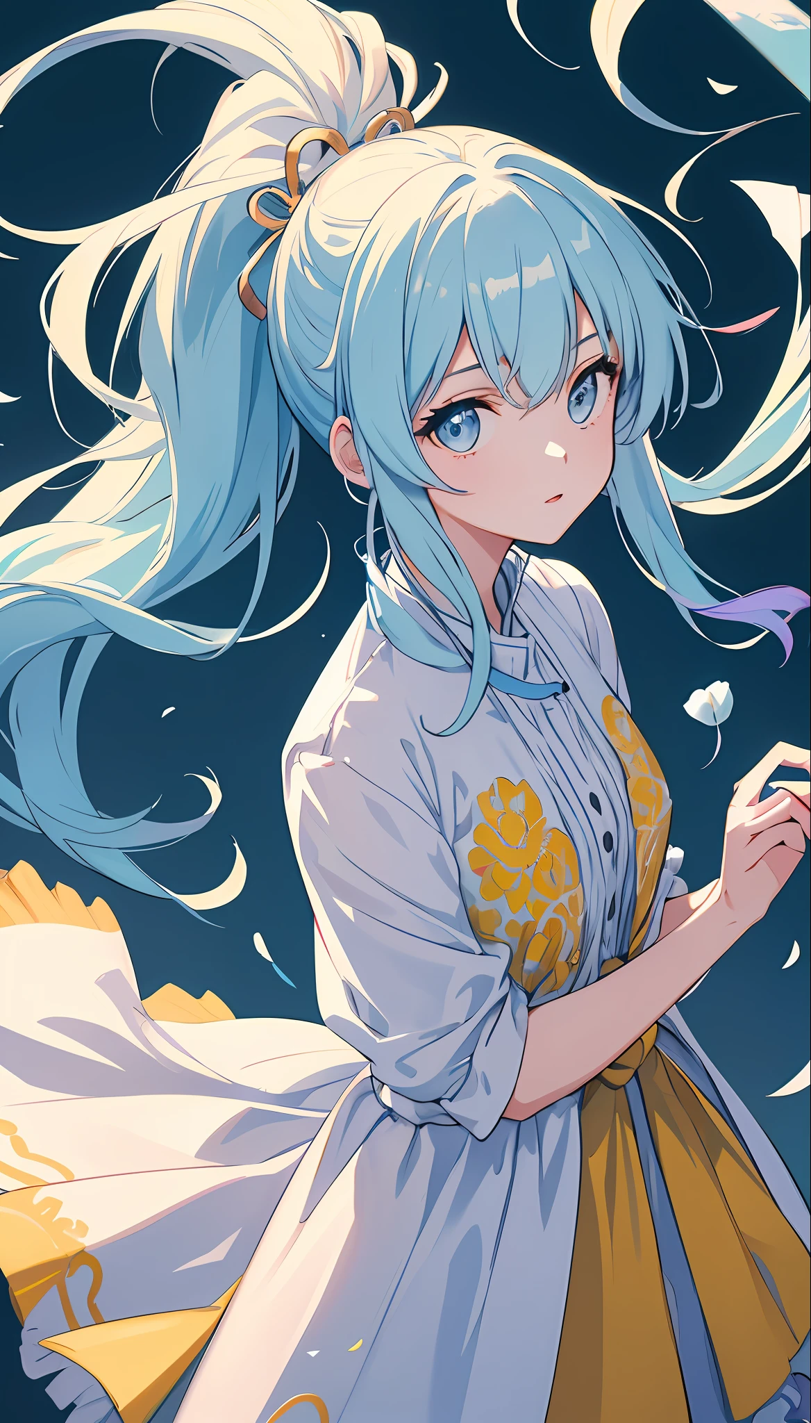 (masterpiece), (best quality), (ultra detailed),(disheveled hair),(illustration), (1girl), (Fashionable clothing), standing, Fashion model, looking at viewer, (interview), (simple background),beautiful detailed eyes, delicate beautiful face, Floating,(high saturation),(colorful splashes),colorful bubble,(shining), focus on face,  ponytail, kamisato ayaka, light blue hair, bangs, hair ring, floating flowers, floating hairs, (shining), best lighting, best shadow,