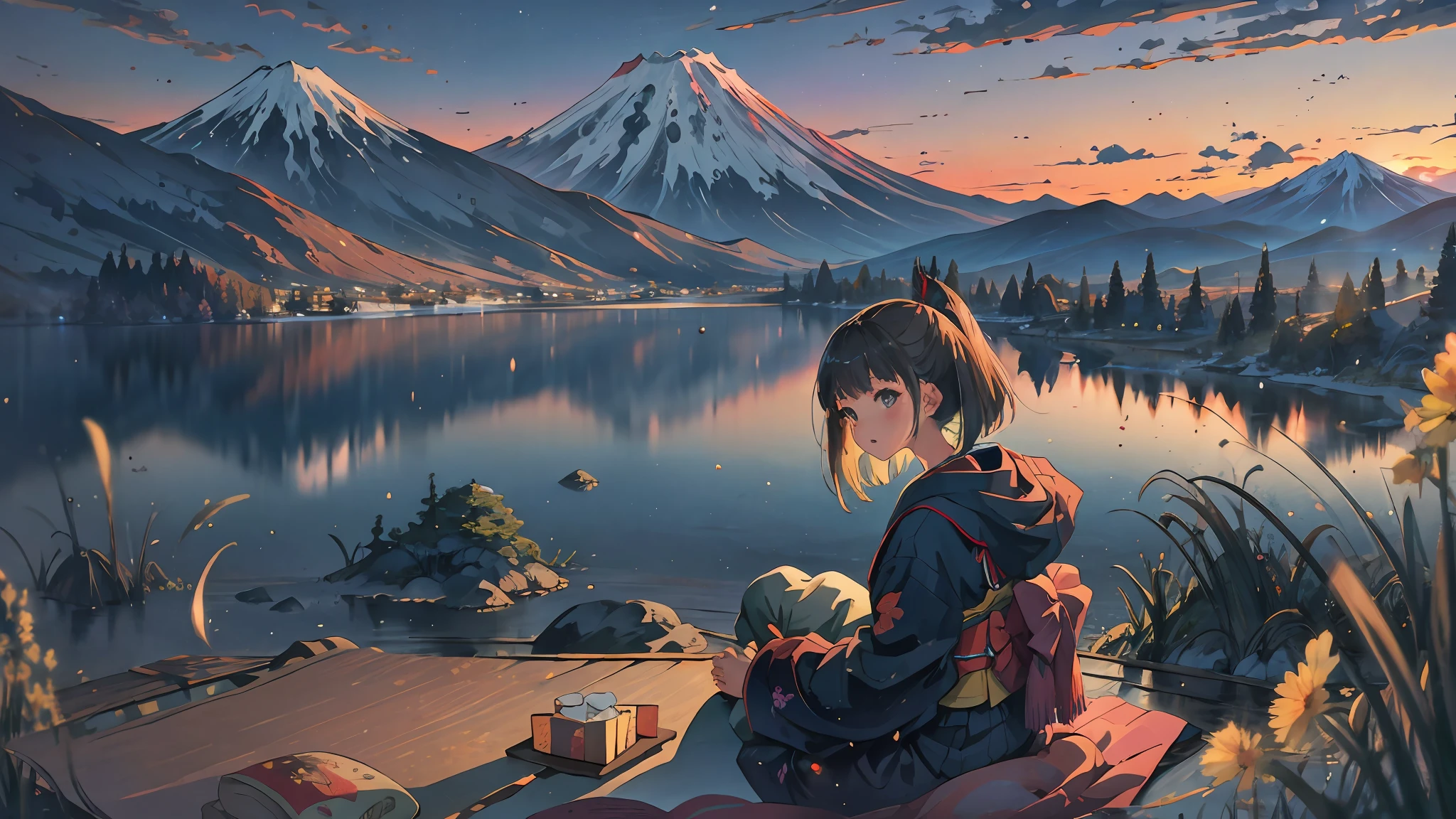 best quality, masterpiece, extremely detailed, detailed background, anime, 1girl, young girl, short girl, kimono, retro, mount fuji lansdscape, outdoors, sunset, beautiful sky, lake picnic, landscape, scenery, horizon, mountain sitting near mountain, wind, looking away, atmospheric lighting, solo focus, close up, from side, depth of field, bokeh
