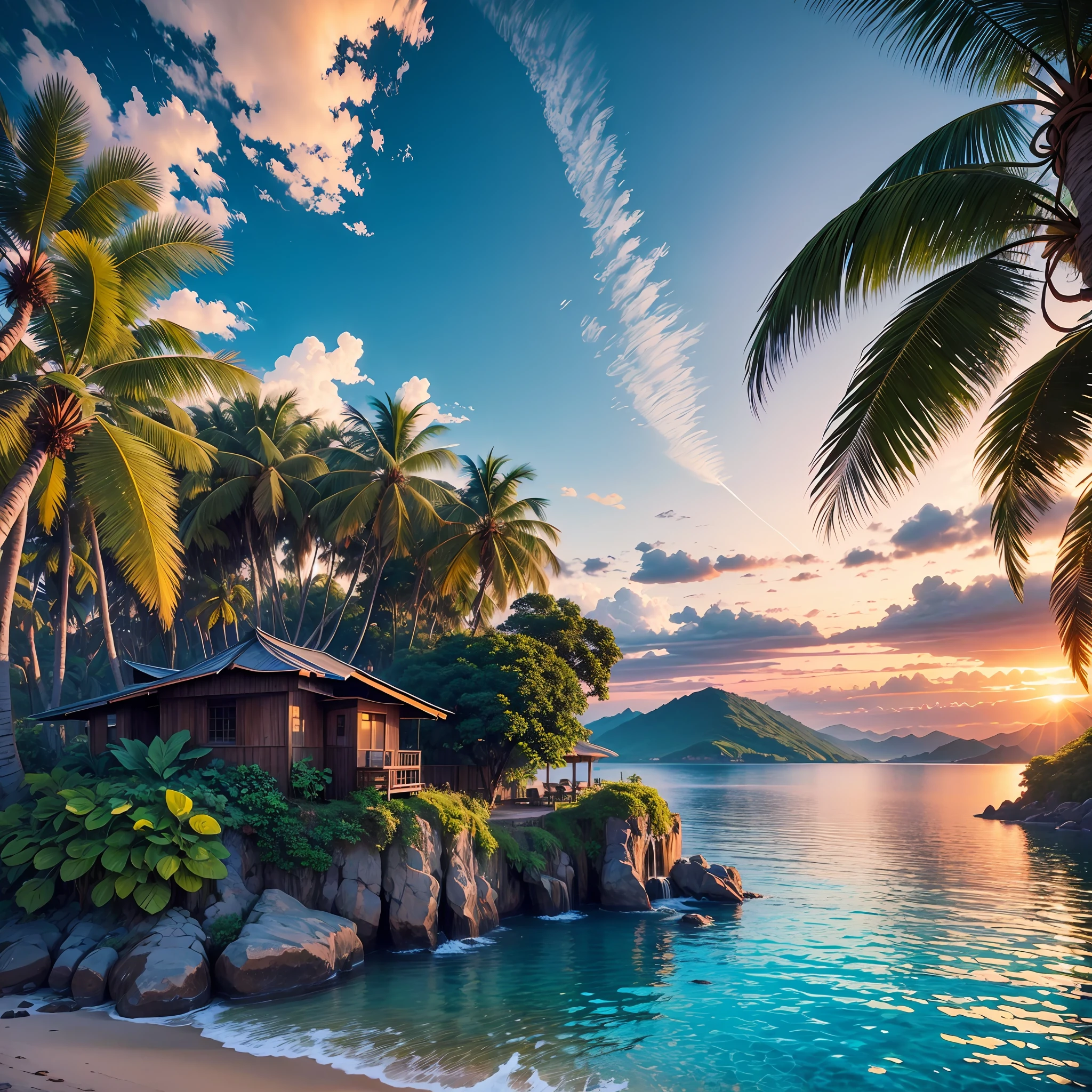 Beautiful landscape, sunset, waterfall, coconut trees paradisiacal place --auto --s2